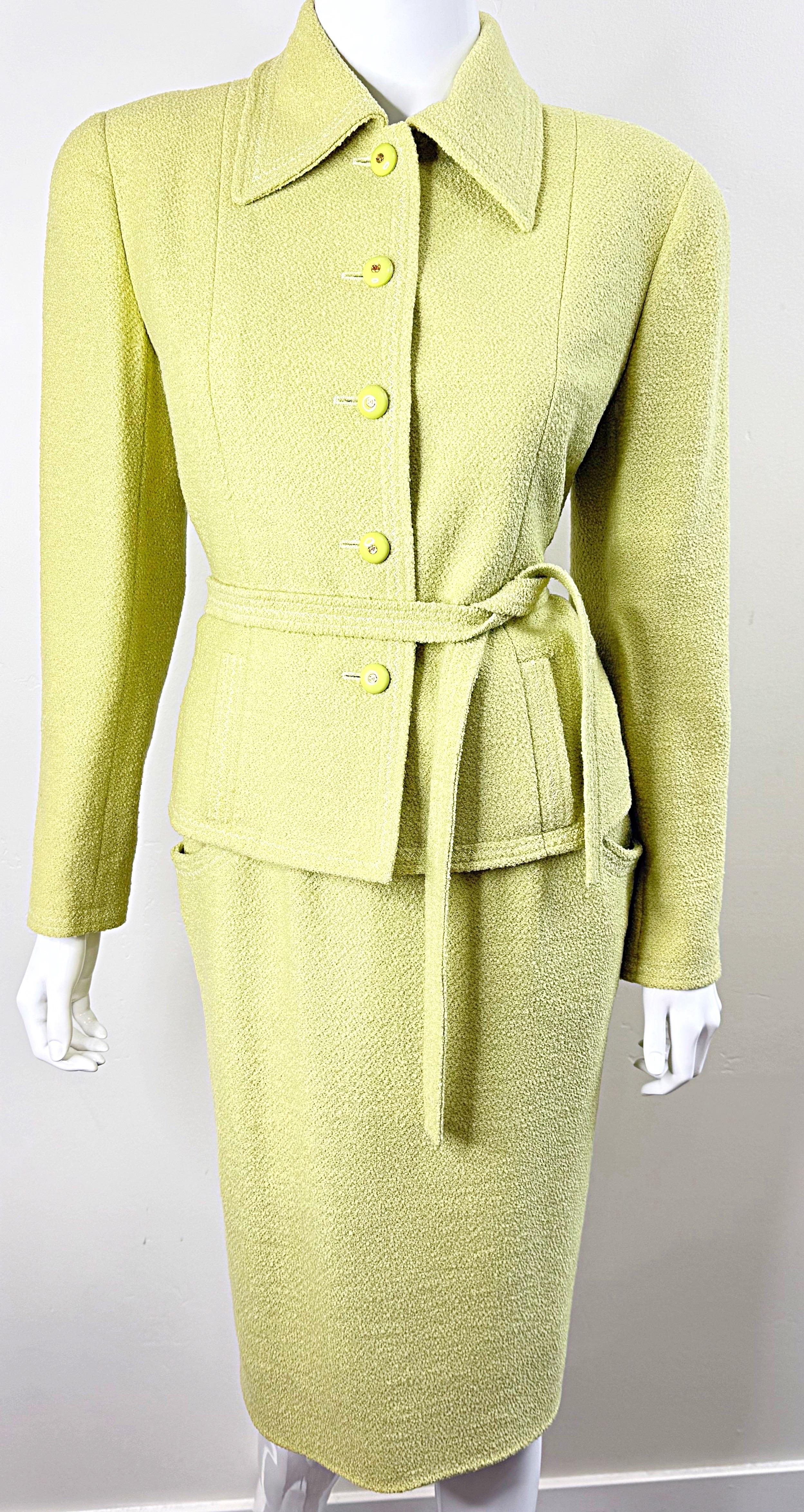 Chanel Fall 1991 Collection 28 Size 42 Lime Green Belted Vintage 90s Skirt Suit For Sale 16