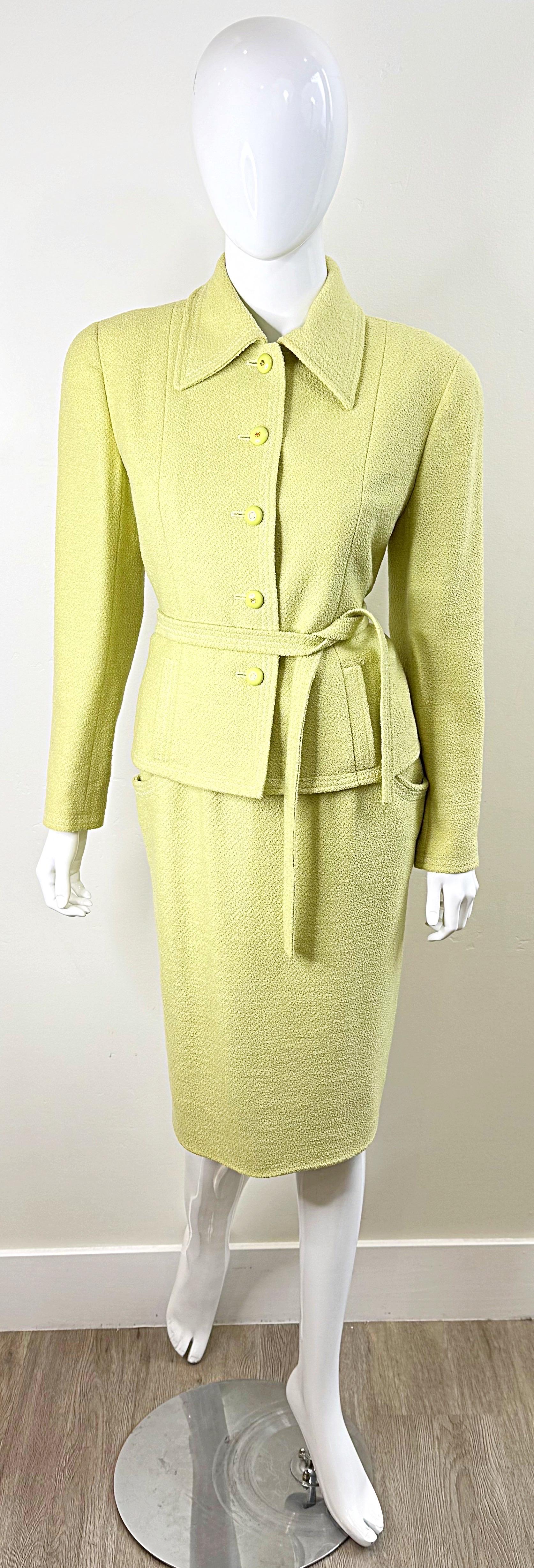 Chanel Fall 1991 Collection 28 Size 42 Lime Green Belted Vintage 90s Skirt Suit In Excellent Condition For Sale In San Diego, CA