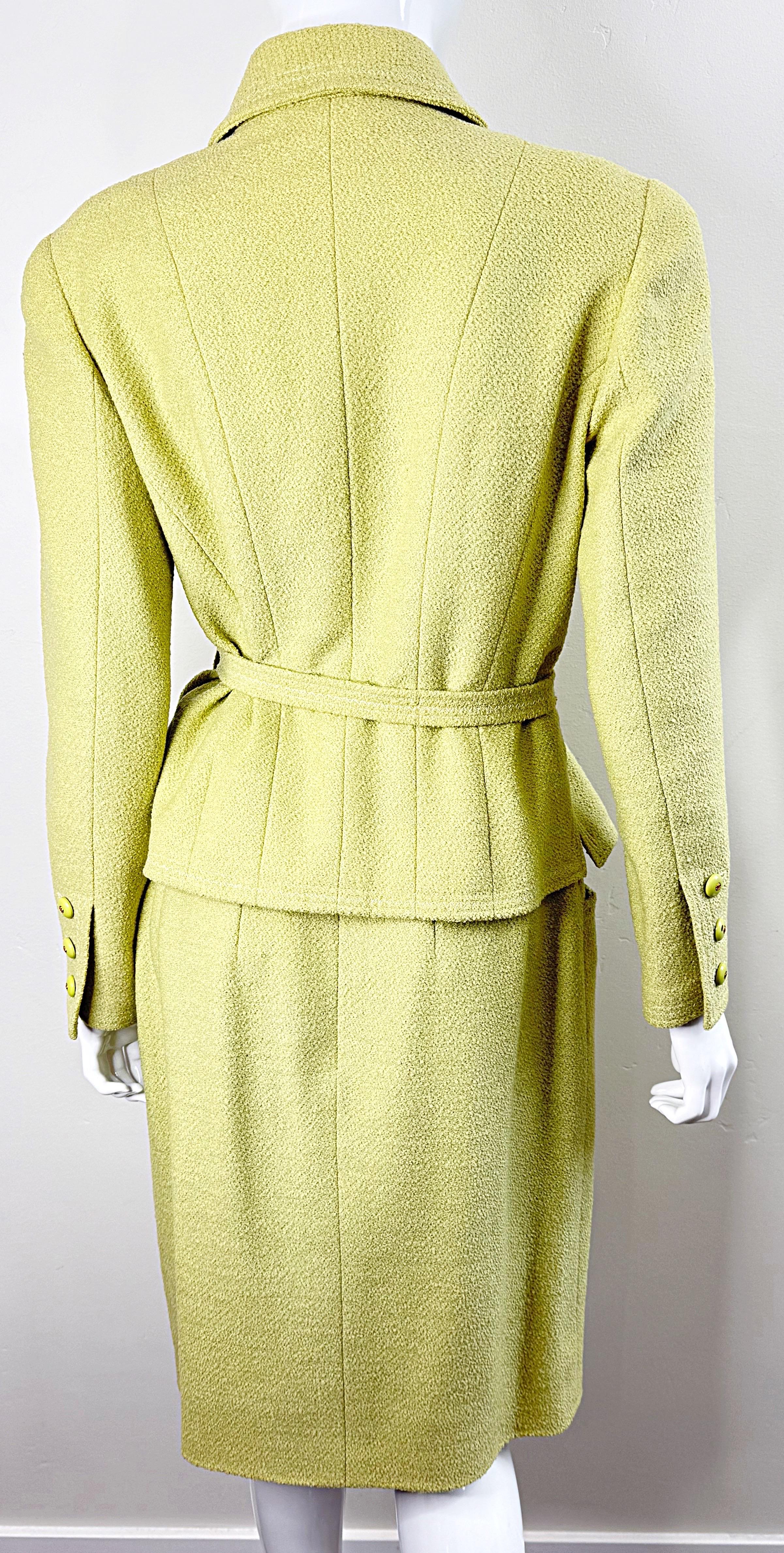Women's Chanel Fall 1991 Collection 28 Size 42 Lime Green Belted Vintage 90s Skirt Suit For Sale