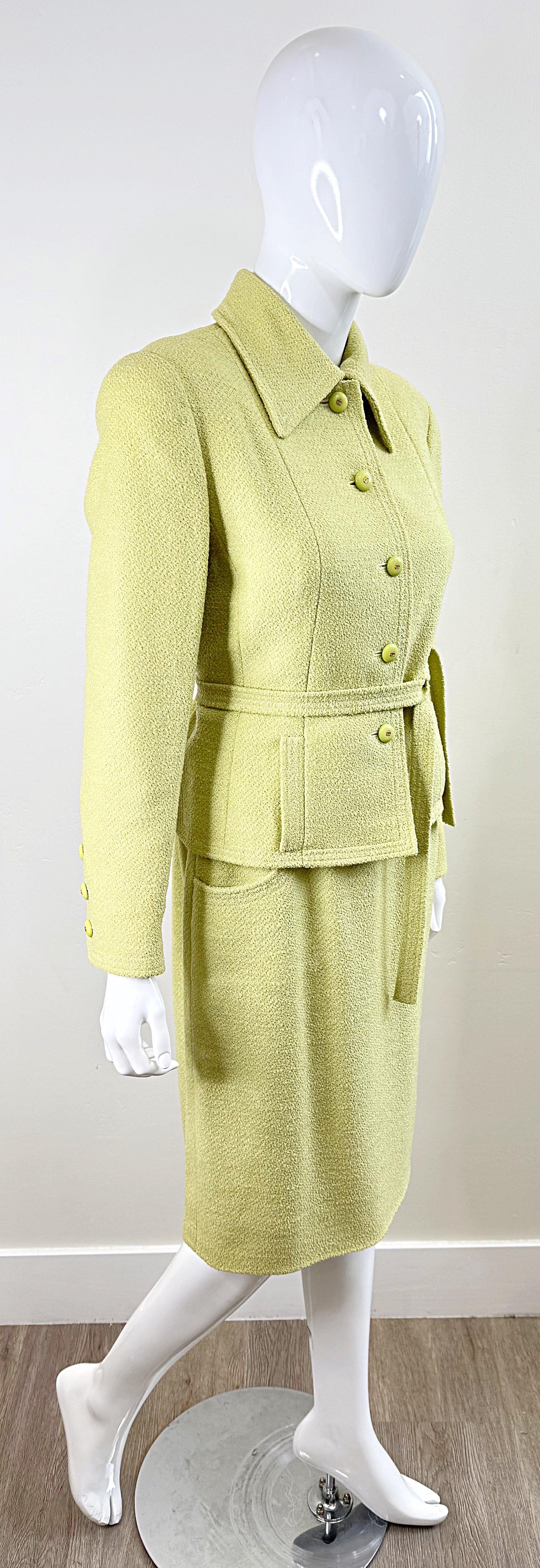 Chanel Fall 1991 Collection 28 Size 42 Lime Green Belted Vintage 90s Skirt Suit For Sale 1