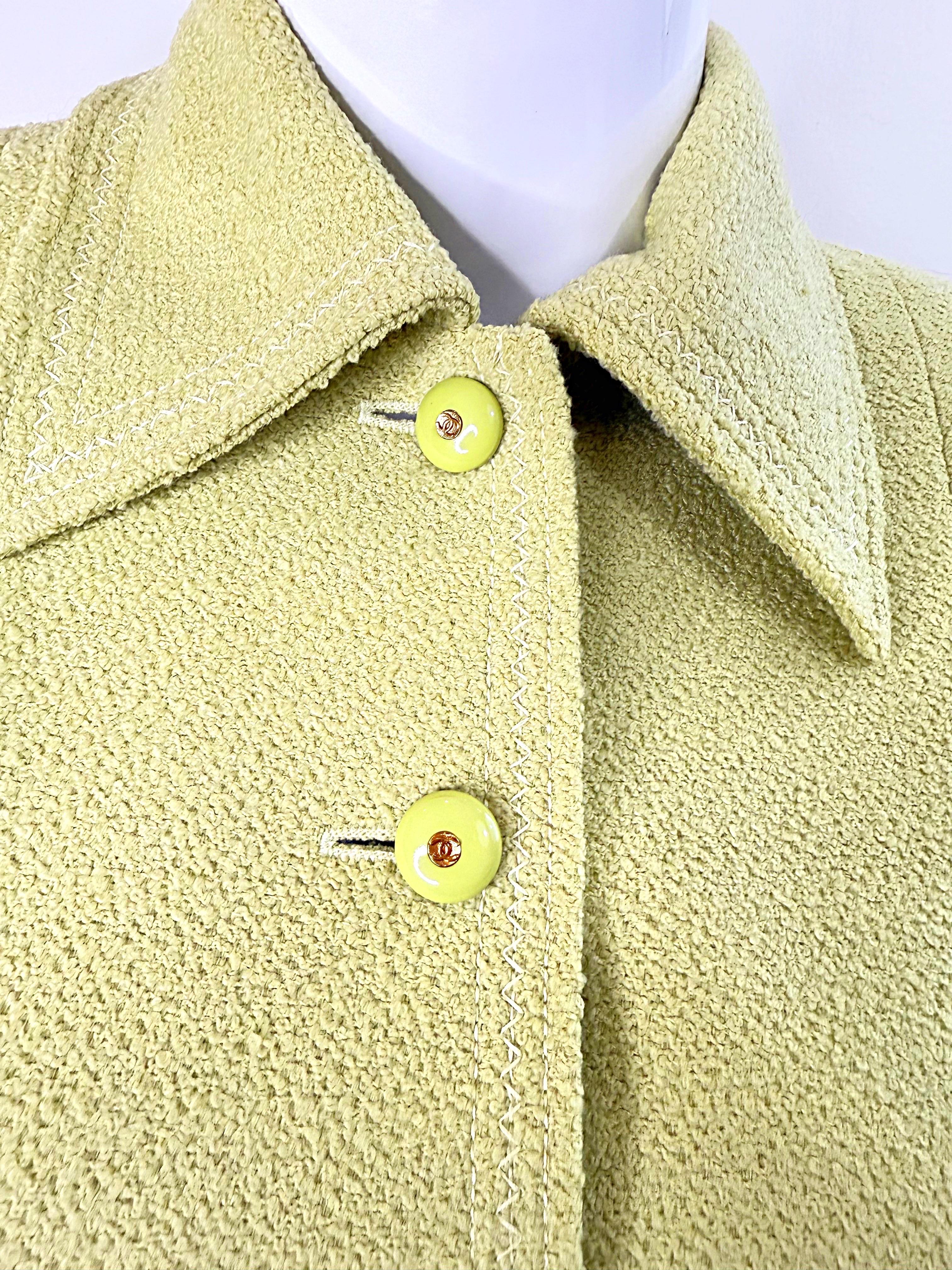 Chanel Fall 1991 Collection 28 Size 42 Lime Green Belted Vintage 90s Skirt Suit For Sale 3