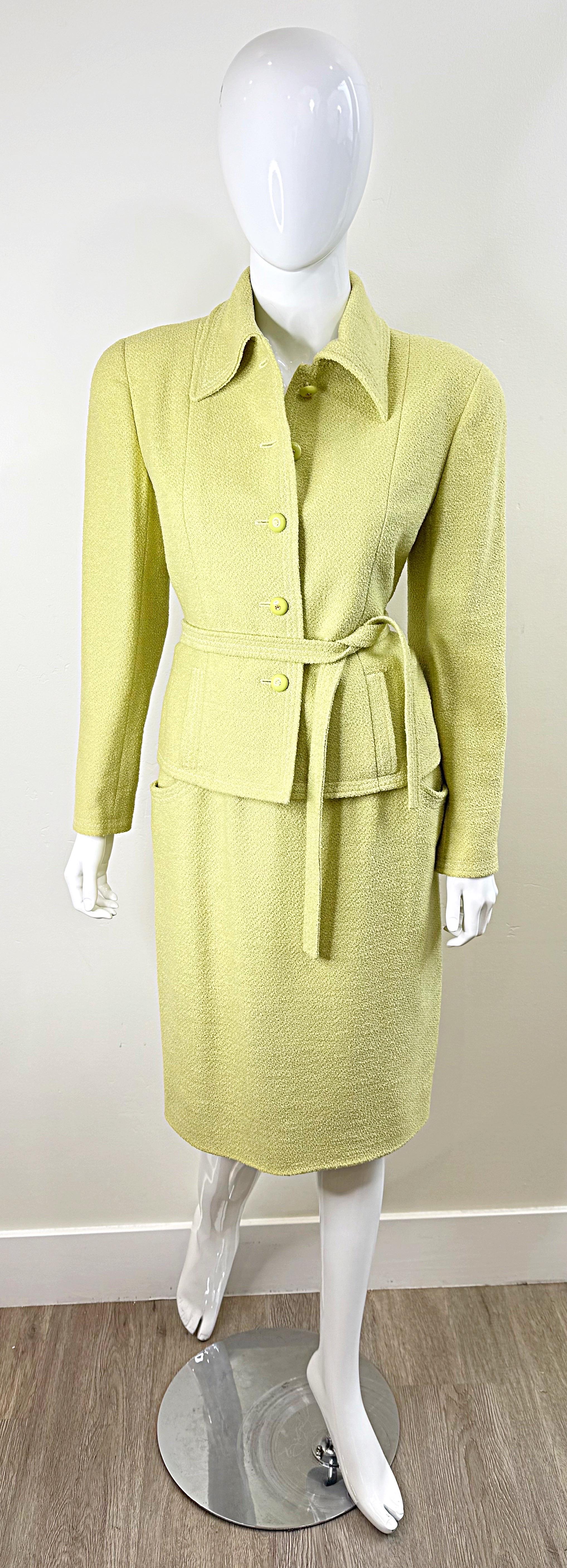 Chanel Fall 1991 Collection 28 Size 42 Lime Green Belted Vintage 90s Skirt Suit For Sale 5