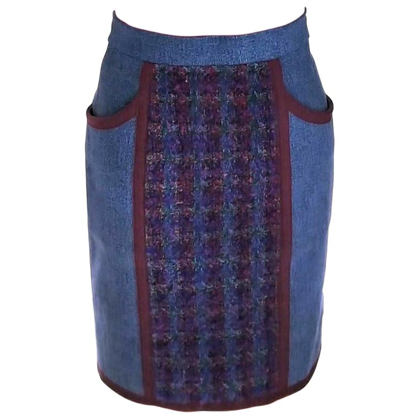 Chanel Fall 1991 Denim & Multi Color Tweed Grosgrain Mini Skirt FR 36/ US 2 4 For Sale