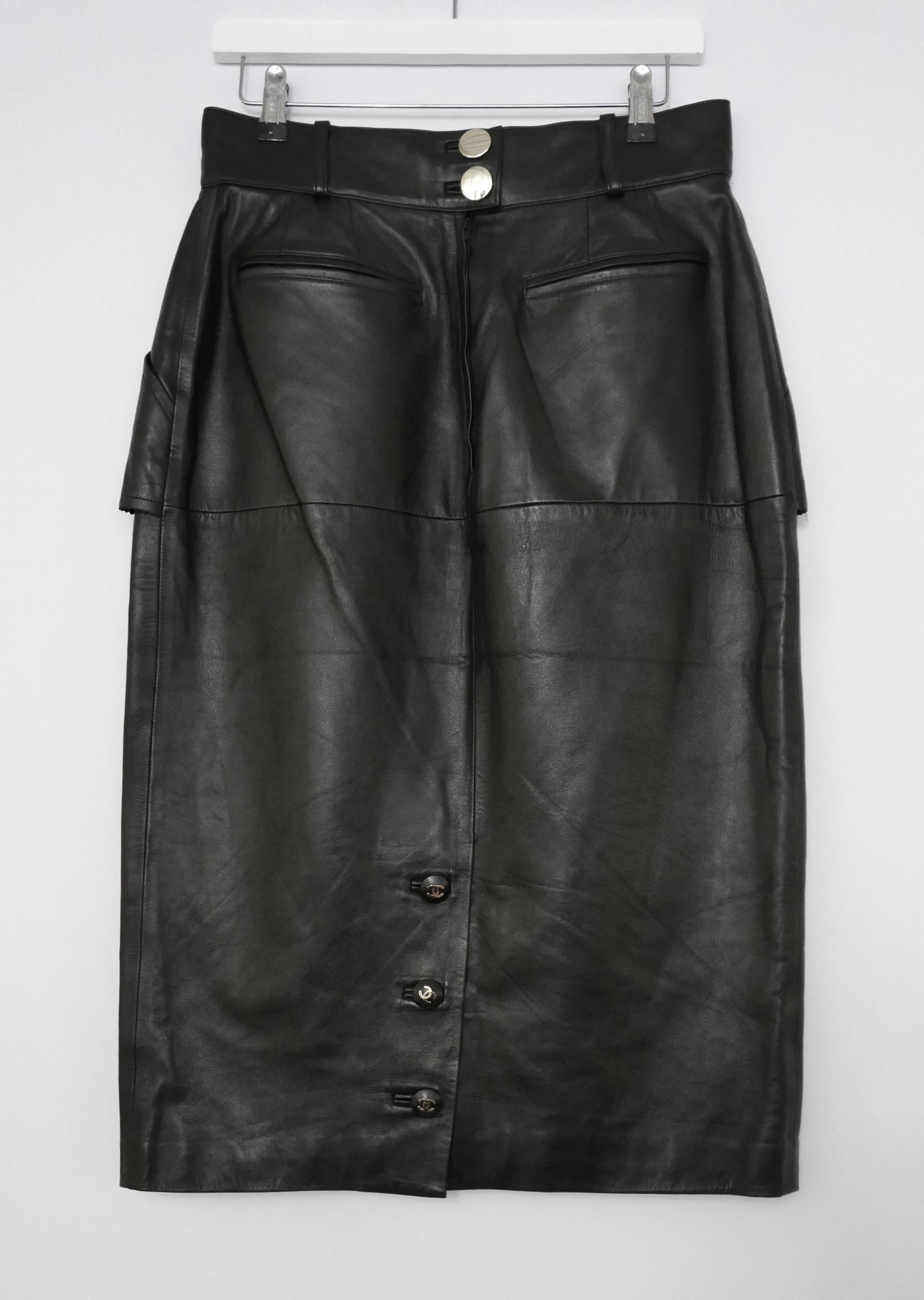 Chanel Fall 1992 Black Leather CC Button Skirt For Sale 1