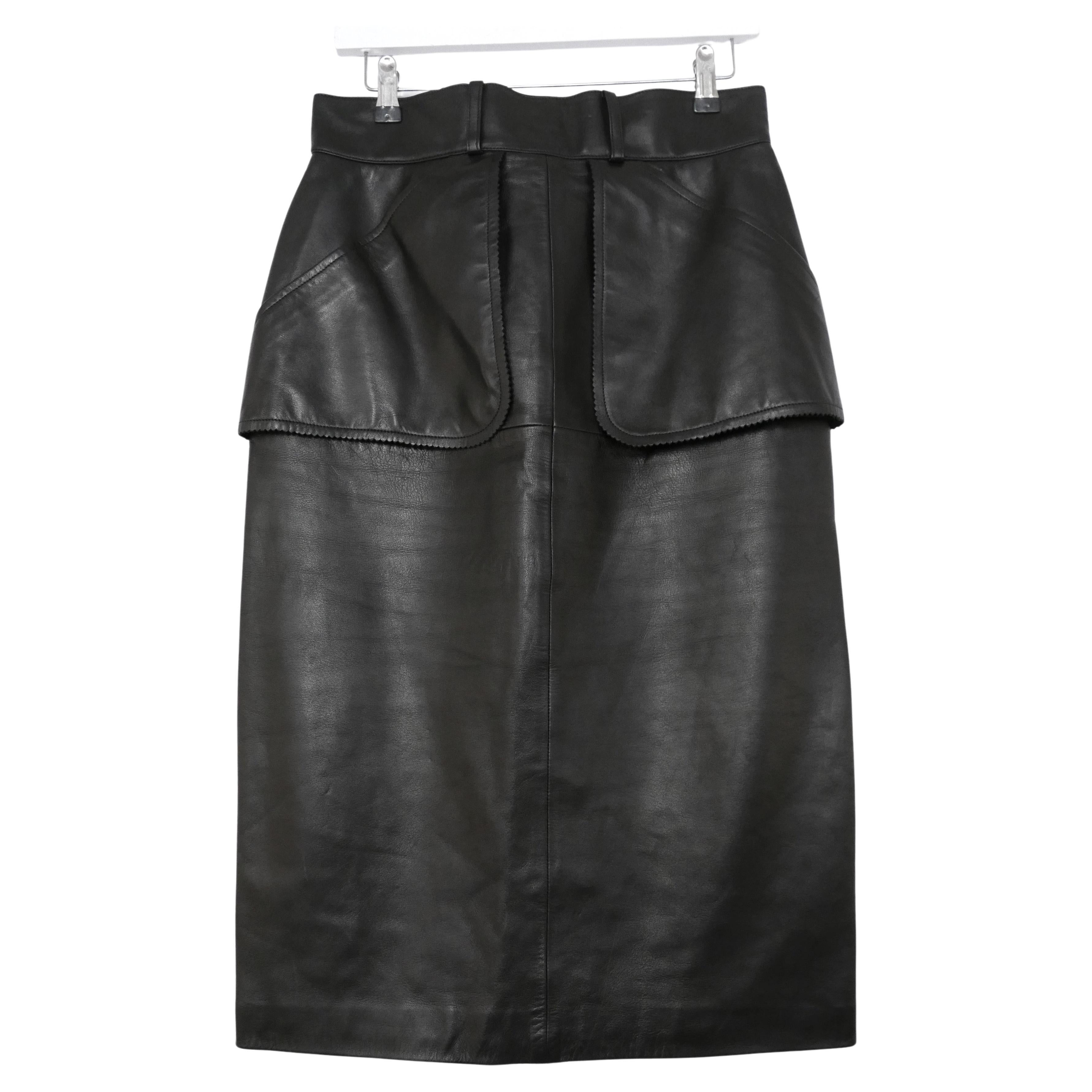 Chanel Fall 1992 Black Leather CC Button Skirt For Sale