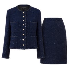 CHANEL Fall 1993 Runway Navy Sequin Tweed Suit 44 FR