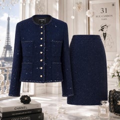 CHANEL Fall 1993 Runway Navy Sequin Tweed Suit 44 FR