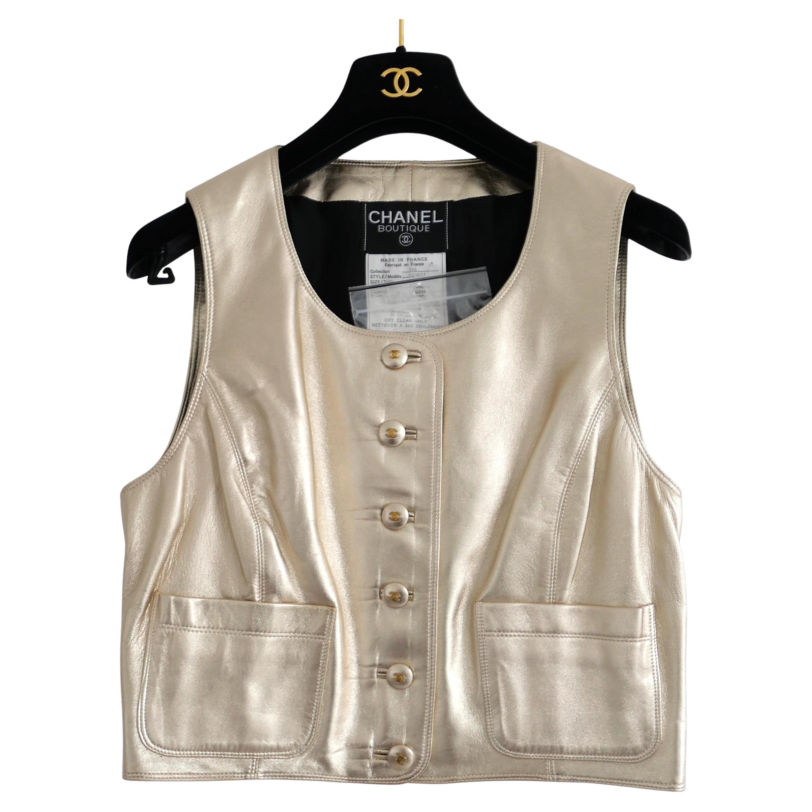 Chanel Fall 1994 Gold Leather CC Button Waistcoat Vest Jacket en vente