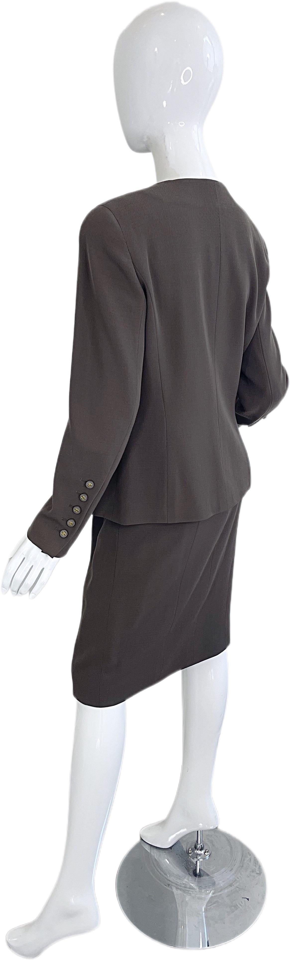 Chanel Fall 1994 Size 42 / 8 Vintage Army Olive Military Green Brown Skirt Suit For Sale 1