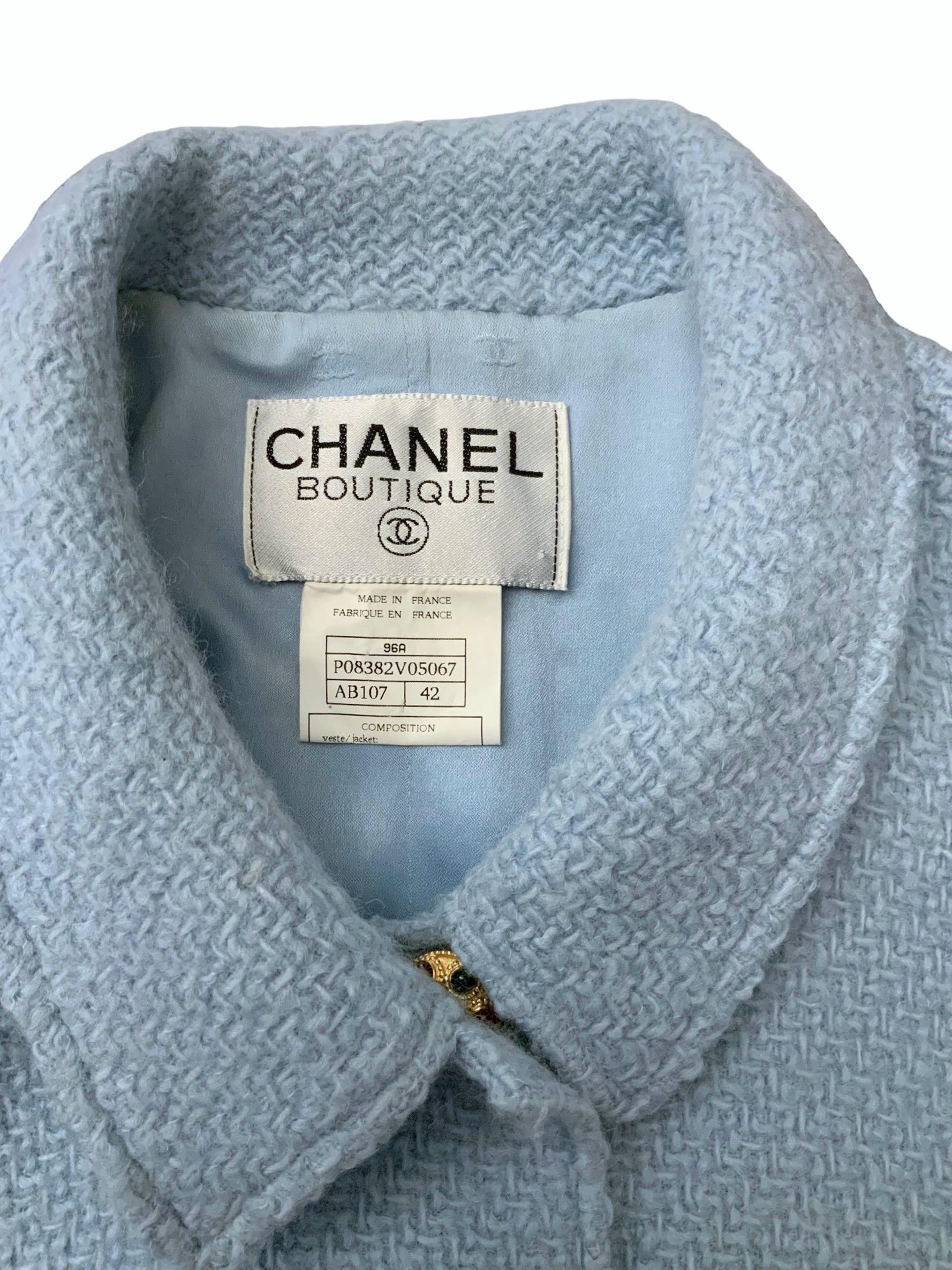 Women's or Men's Chanel Fall 1996 Rare Light Blue Wool Tweed Jacket