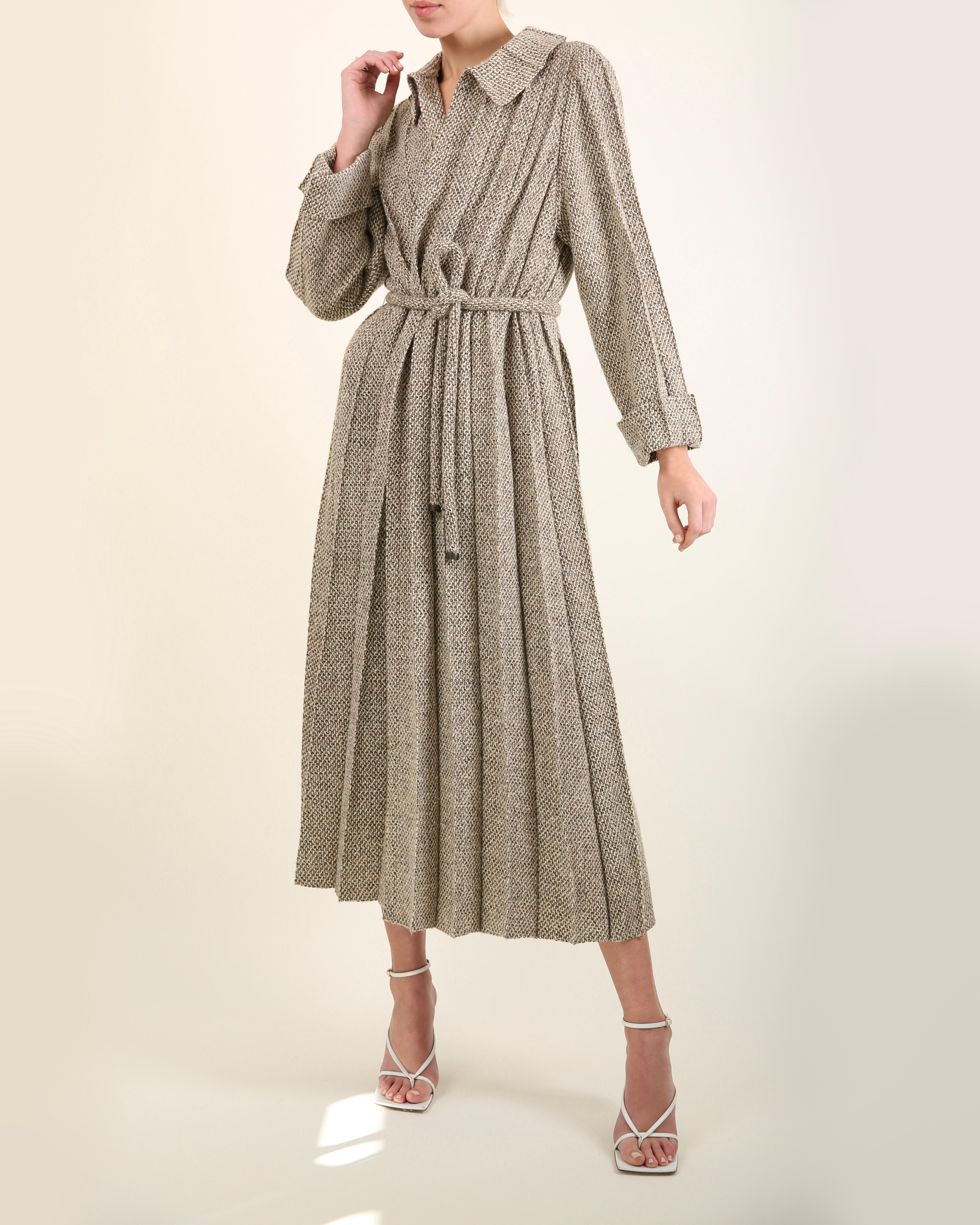 Beige Chanel Fall 1998 brown & white tweed wool long pleated maxi jacket dress coat