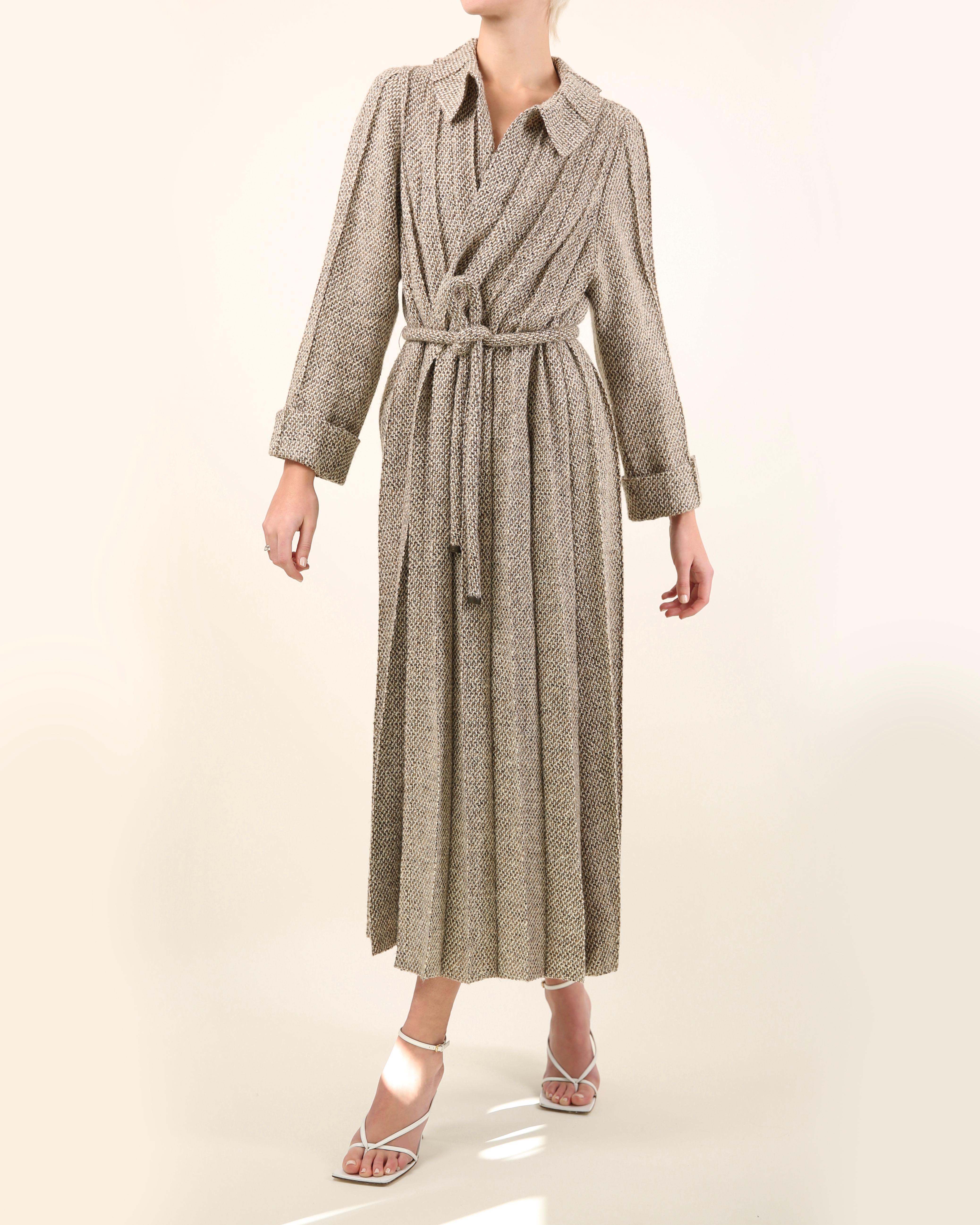 Women's Chanel Fall 1998 brown & white tweed wool long pleated maxi jacket dress coat   For Sale