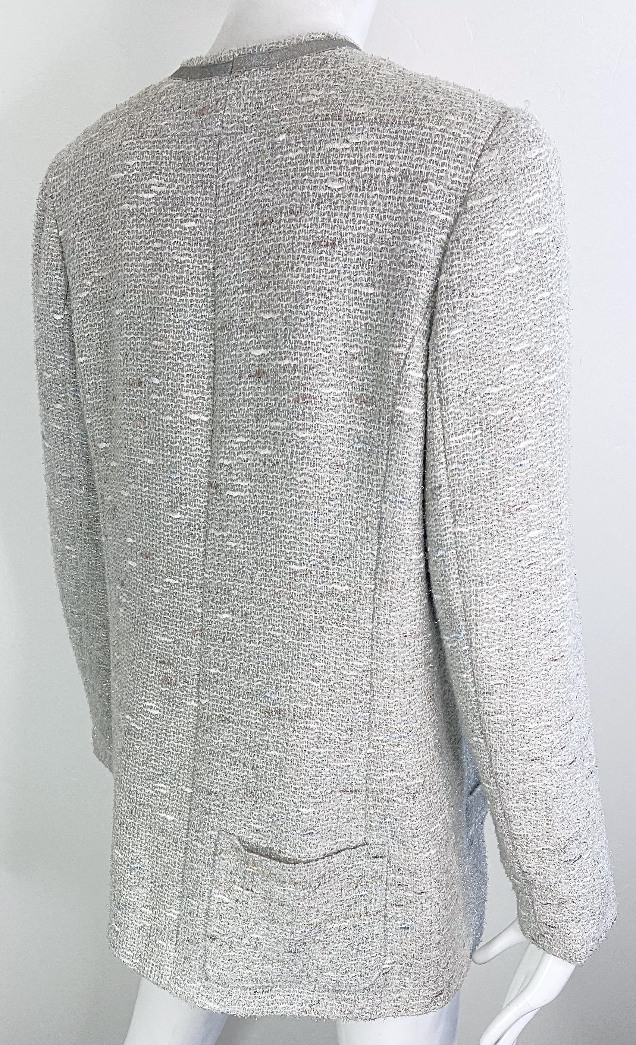 Chanel Fall 1999 Runway Size 46 Large Silver Tweed Vintage Blazer Jacket Pockets For Sale 6