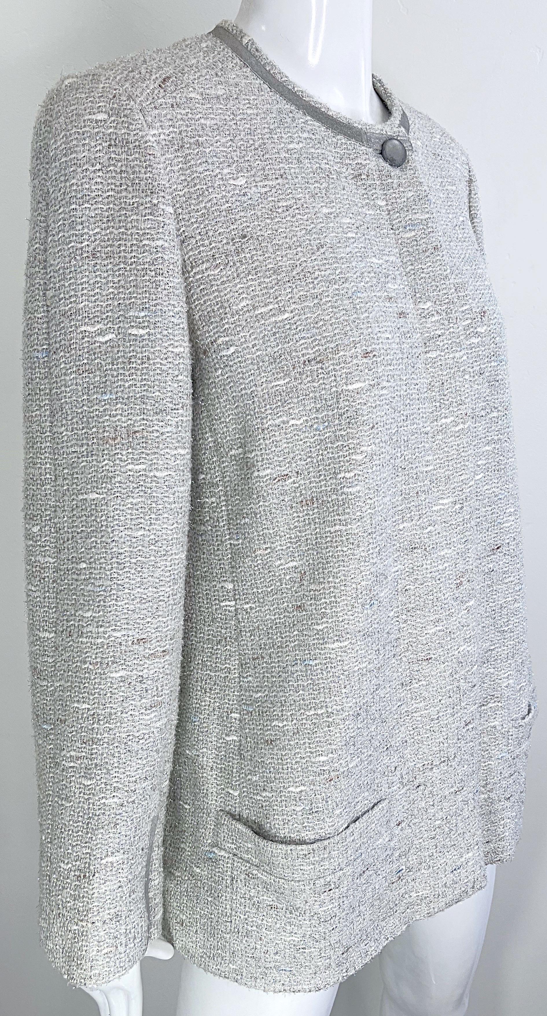 Chanel Fall 1999 Runway Size 46 Large Silver Tweed Vintage Blazer Jacket Pockets For Sale 7