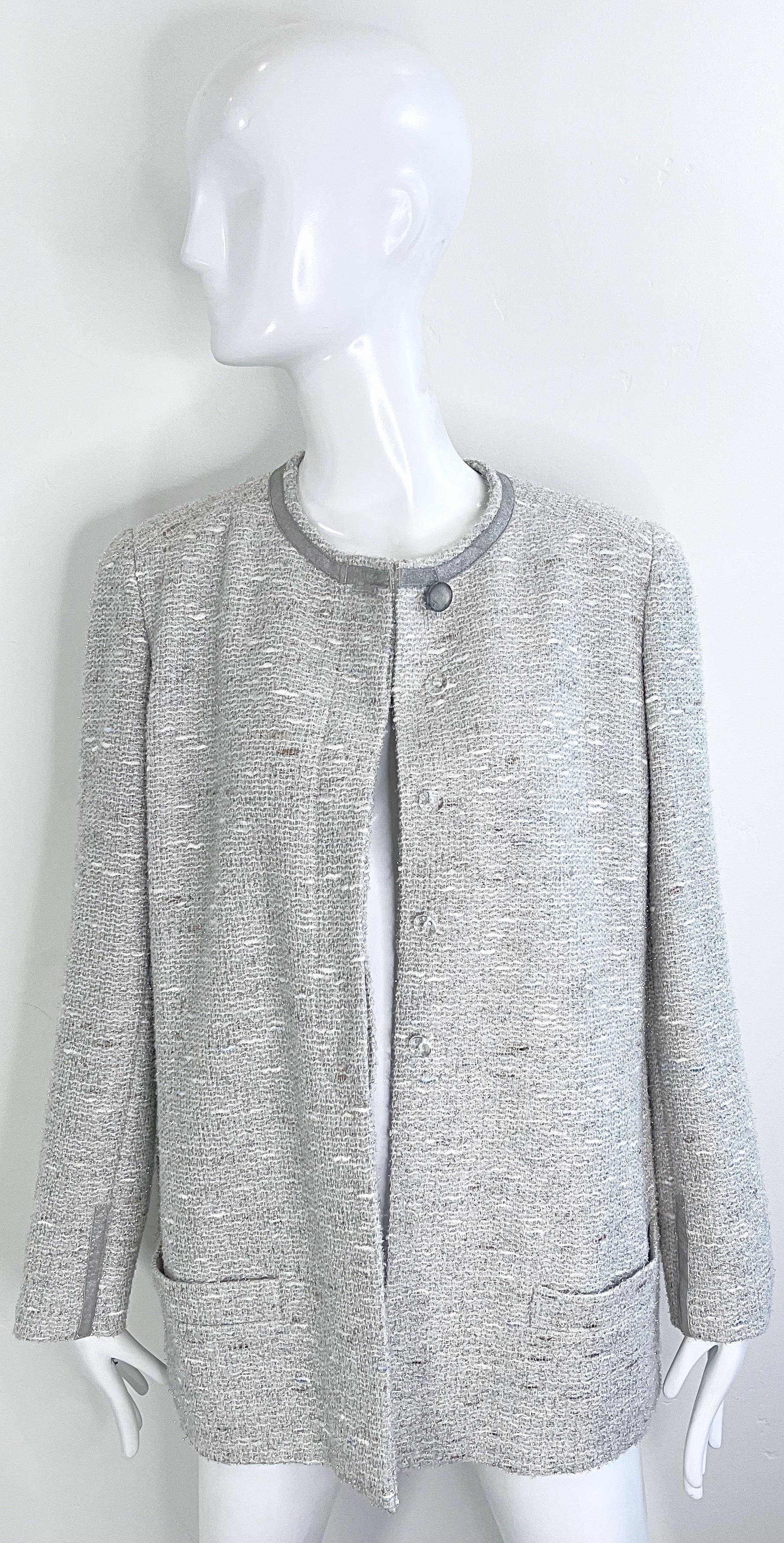 Chanel Fall 1999 Runway Size 46 Large Silver Tweed Vintage Blazer Jacket Pockets For Sale 8