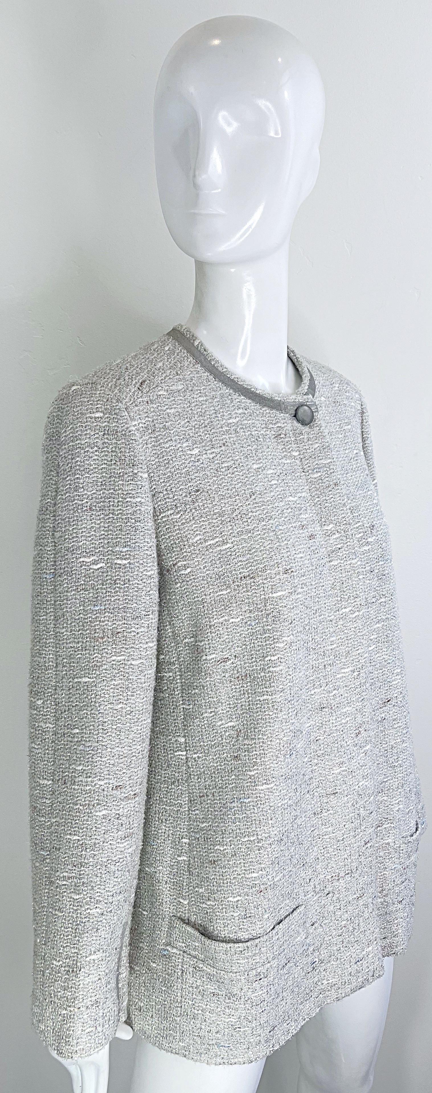 Chanel Fall 1999 Runway Size 46 Large Silver Tweed Vintage Blazer Jacket Pockets For Sale 9