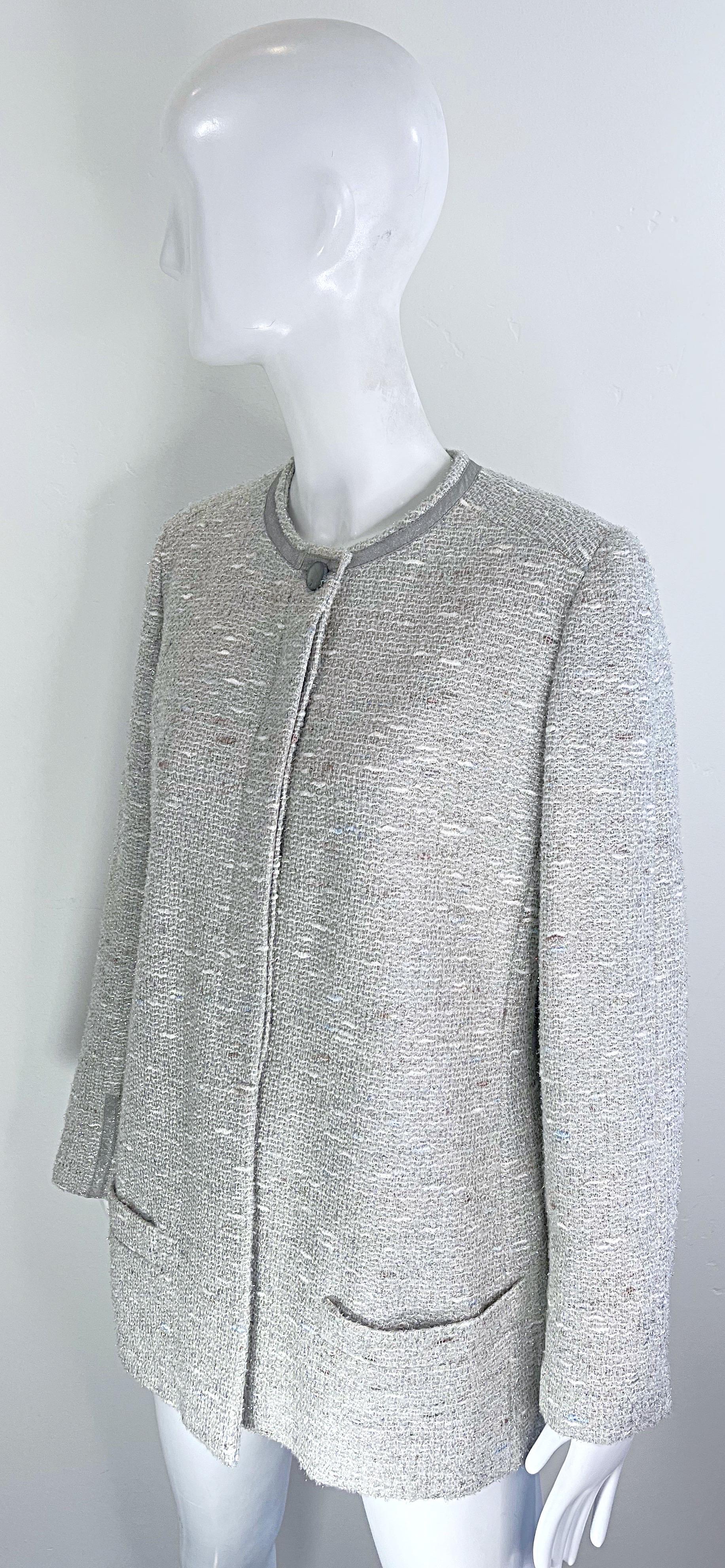 Chanel Fall 1999 Runway Size 46 Large Silver Tweed Vintage Blazer Jacket Pockets For Sale 13