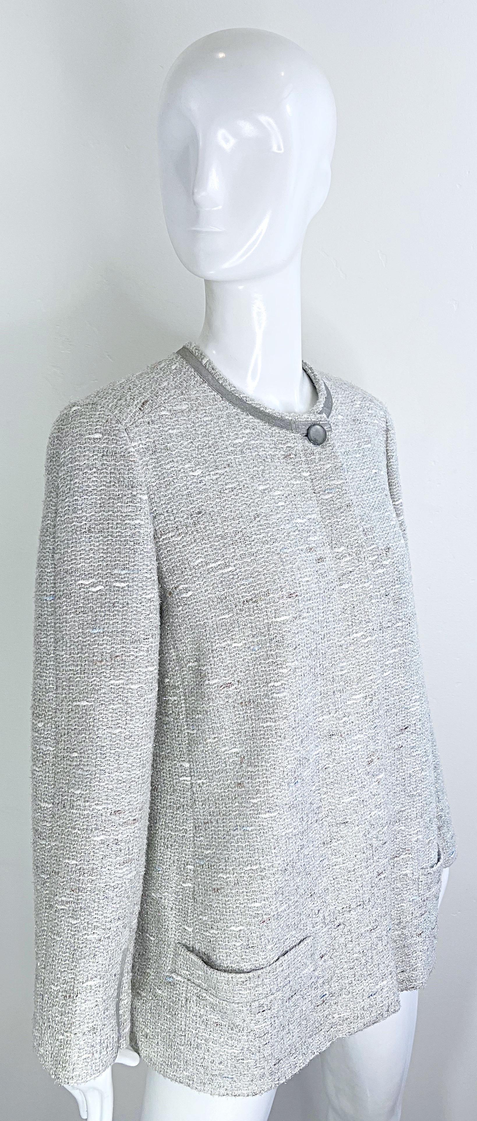 Chanel Fall 1999 Runway Size 46 Large Silver Tweed Vintage Blazer Jacket Pockets For Sale 14
