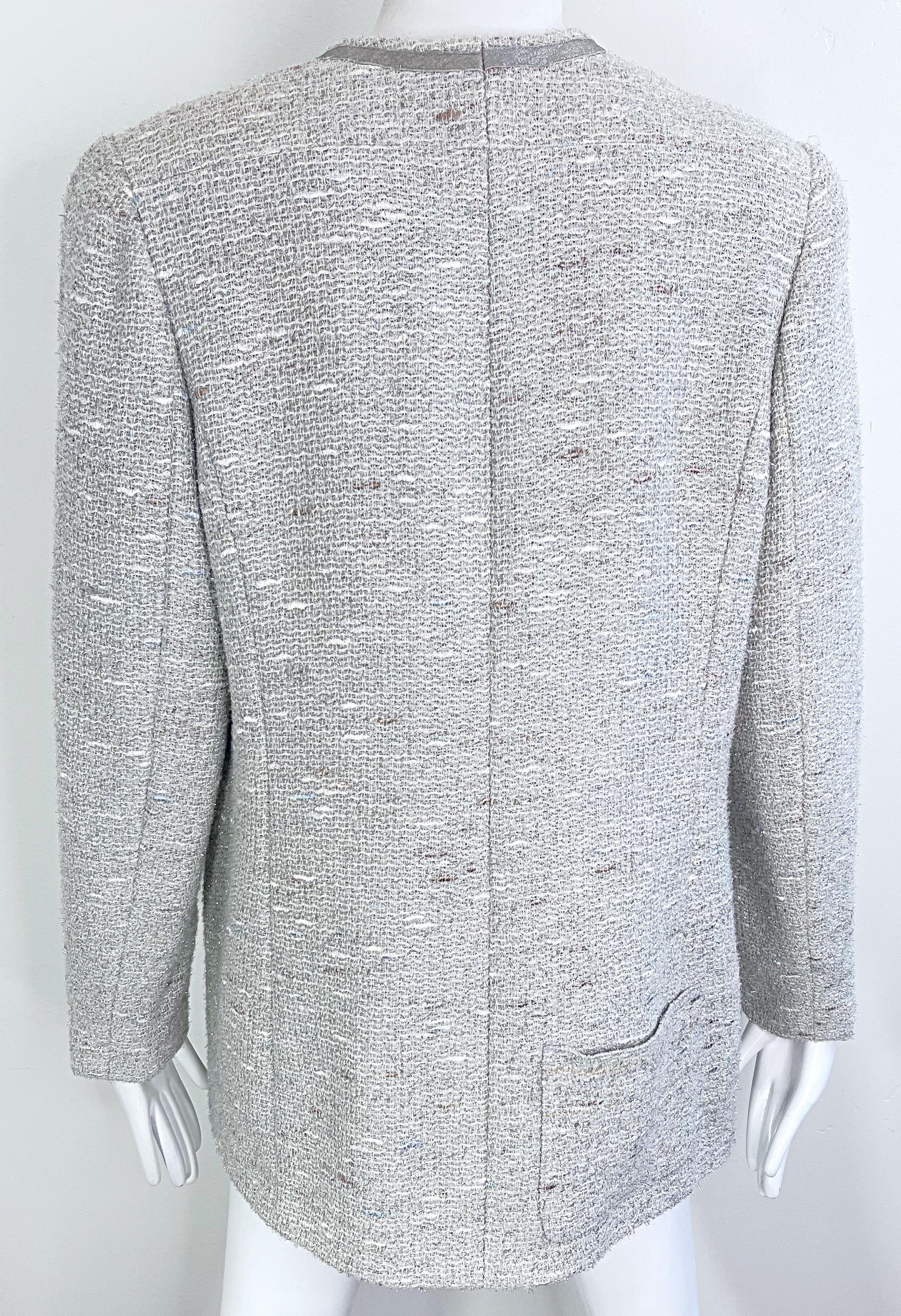 Chanel Fall 1999 Runway Size 46 Large Silver Tweed Vintage Blazer Jacket Pockets For Sale 15