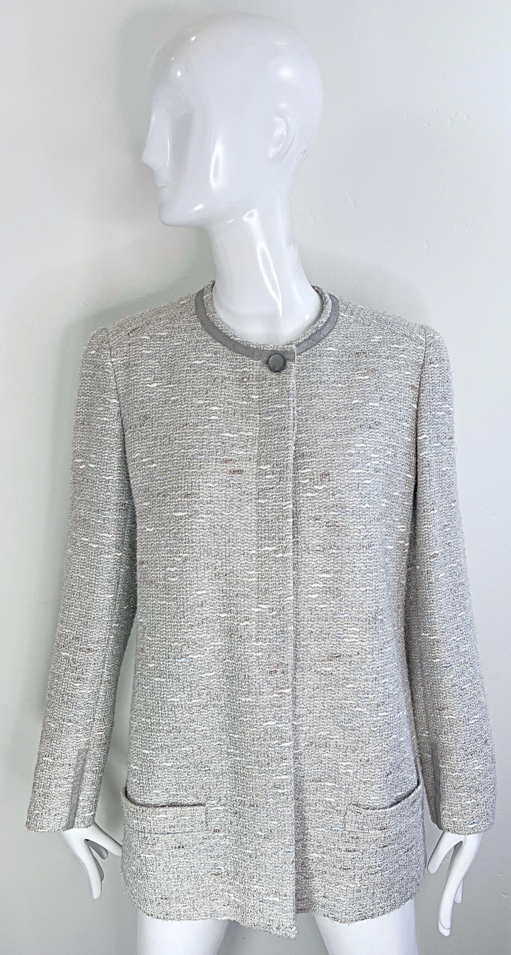 Chanel Fall 1999 Runway Size 46 Large Silver Tweed Vintage Blazer Jacket Pockets For Sale 16
