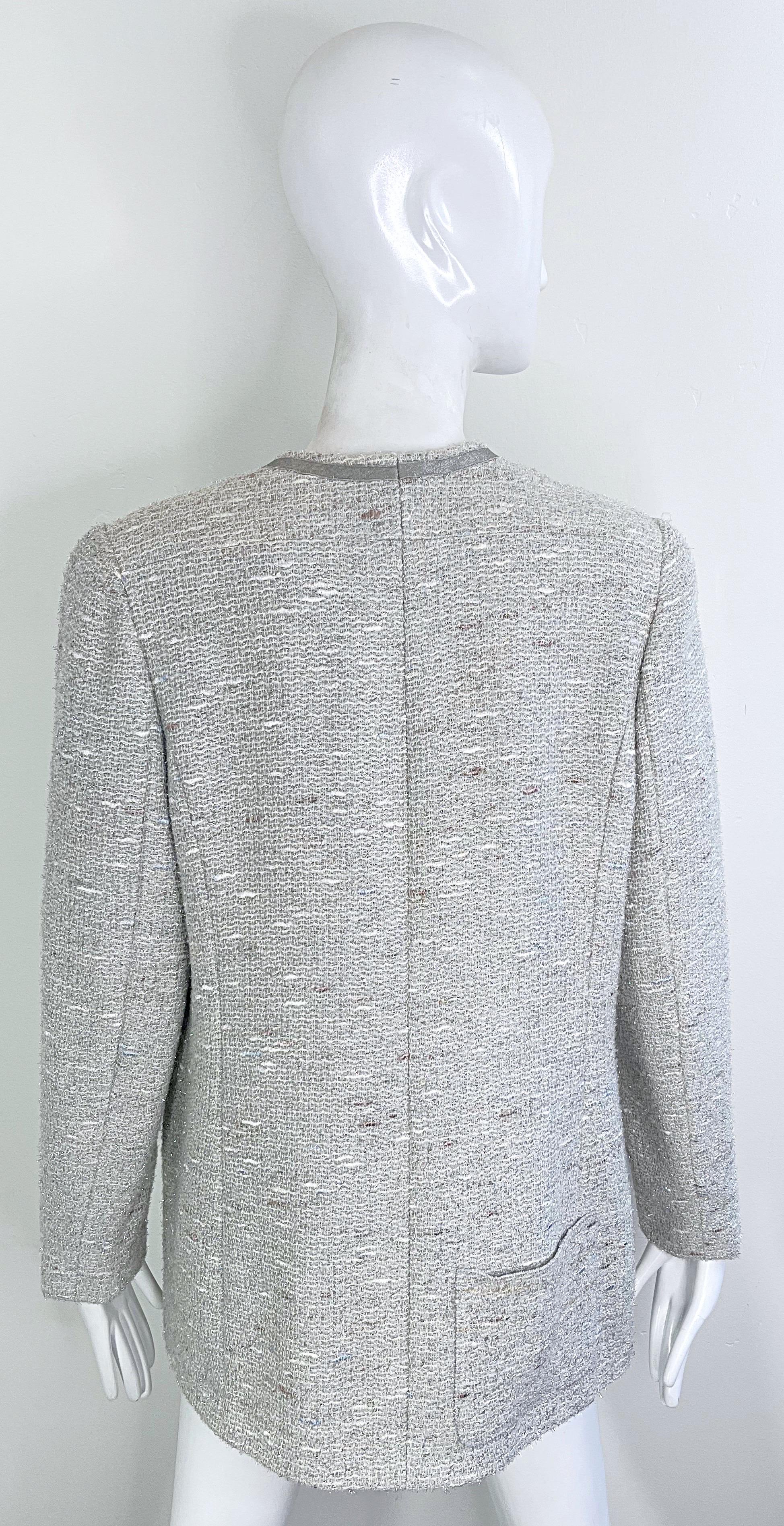 Chanel Fall 1999 Runway Size 46 Large Silver Tweed Vintage Blazer Jacket Pockets For Sale 1