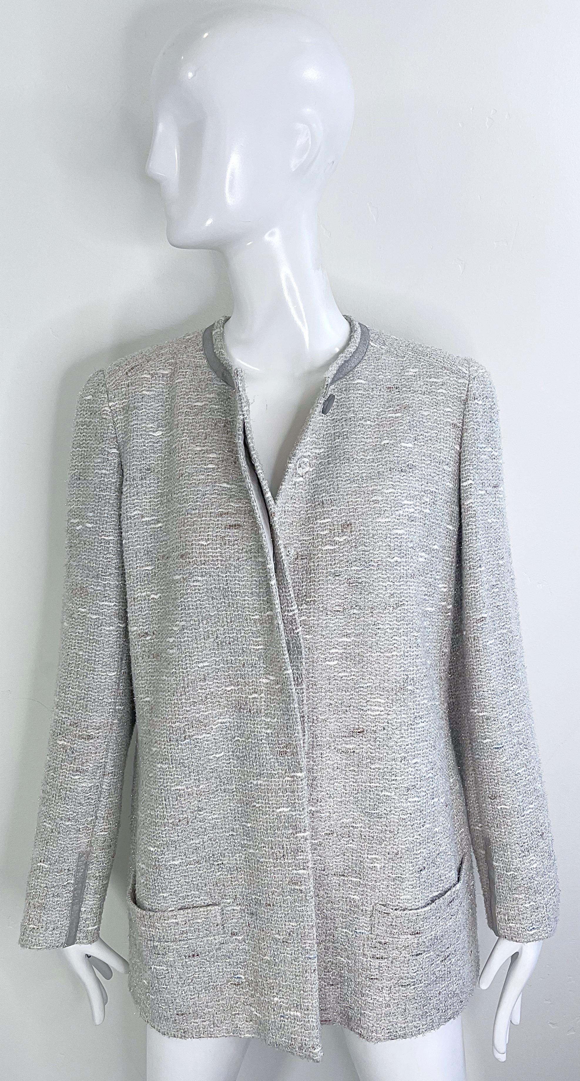 Chanel Fall 1999 Runway Size 46 Large Silver Tweed Vintage Blazer Jacket Pockets For Sale 3