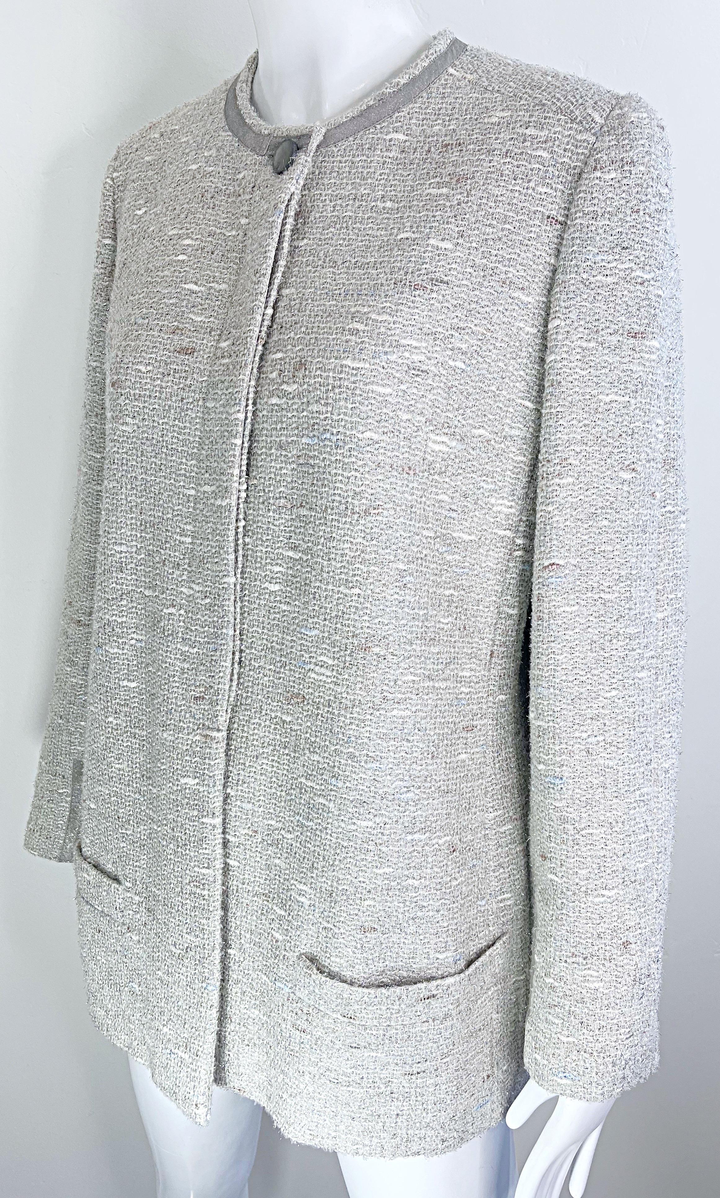 Chanel Fall 1999 Runway Size 46 Large Silver Tweed Vintage Blazer Jacket Pockets For Sale 4