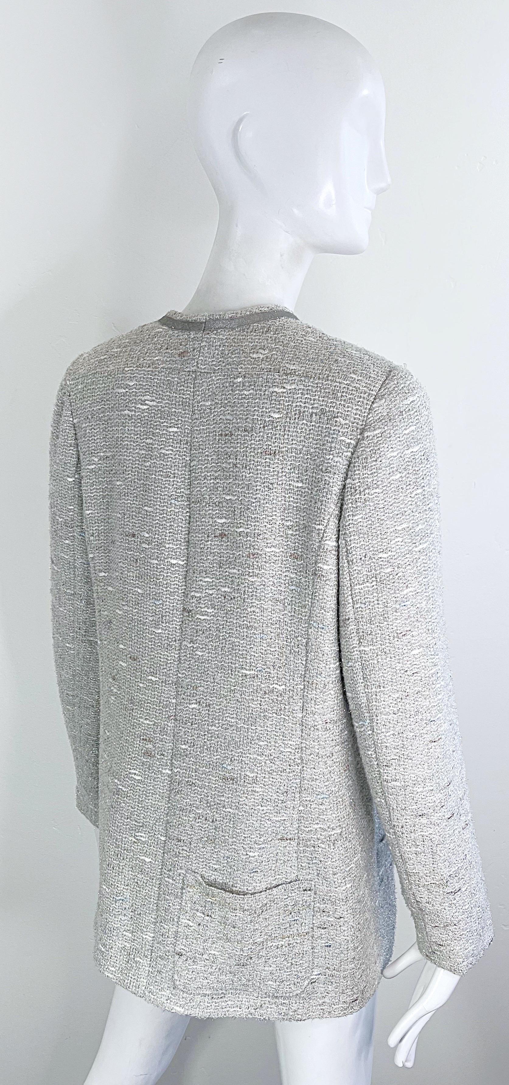 Chanel Fall 1999 Runway Size 46 Large Silver Tweed Vintage Blazer Jacket Pockets For Sale 5