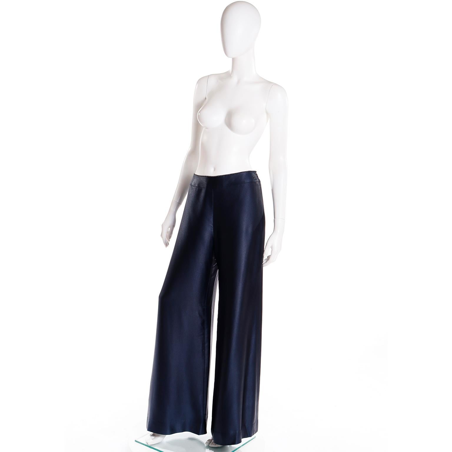 Black Chanel Fall 2000 Midnight Blue Satin Trousers With Wide Legs & Chain Detail For Sale