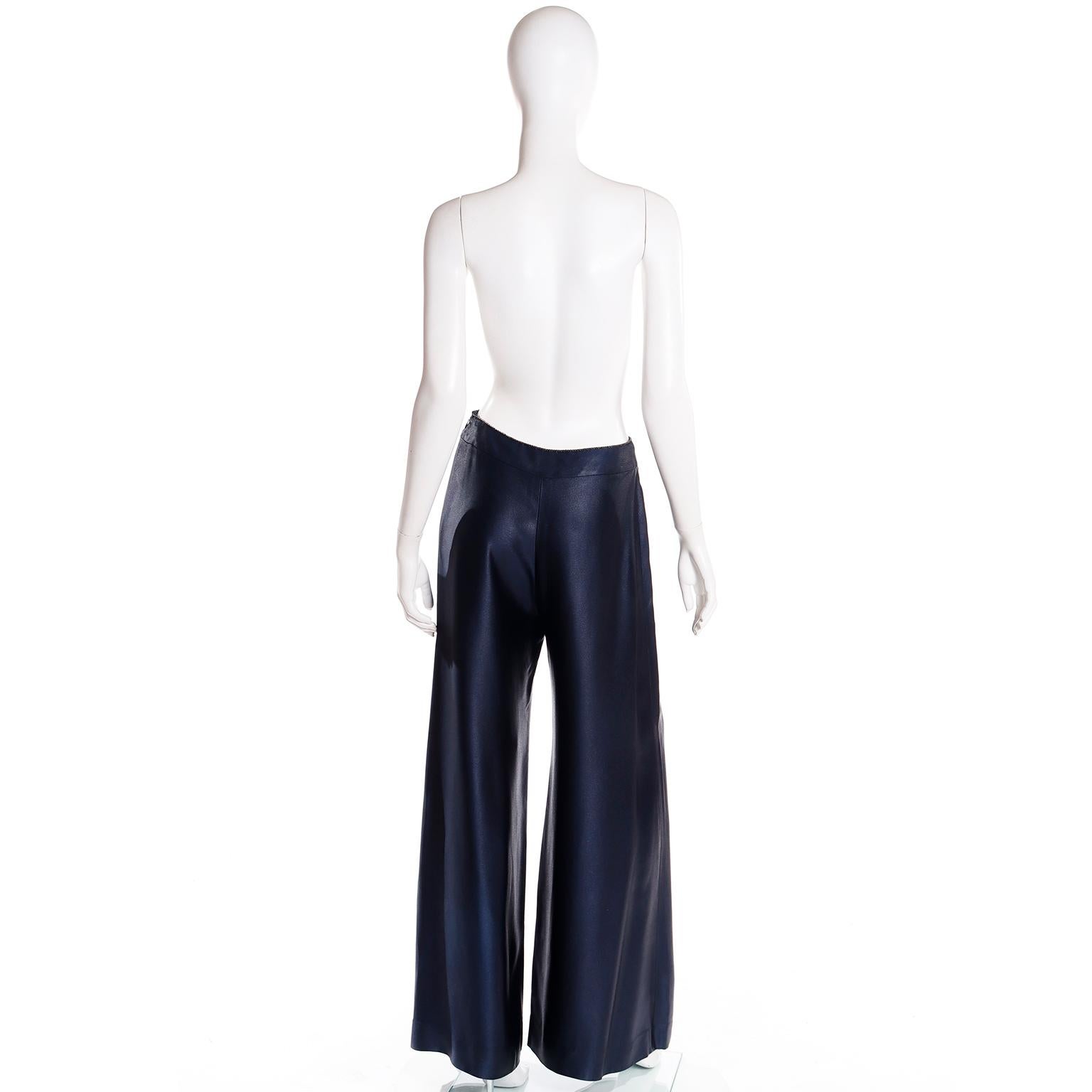 Chanel Fall 2000 Midnight Blue Satin Trousers With Wide Legs & Chain Detail In Excellent Condition For Sale In Portland, OR