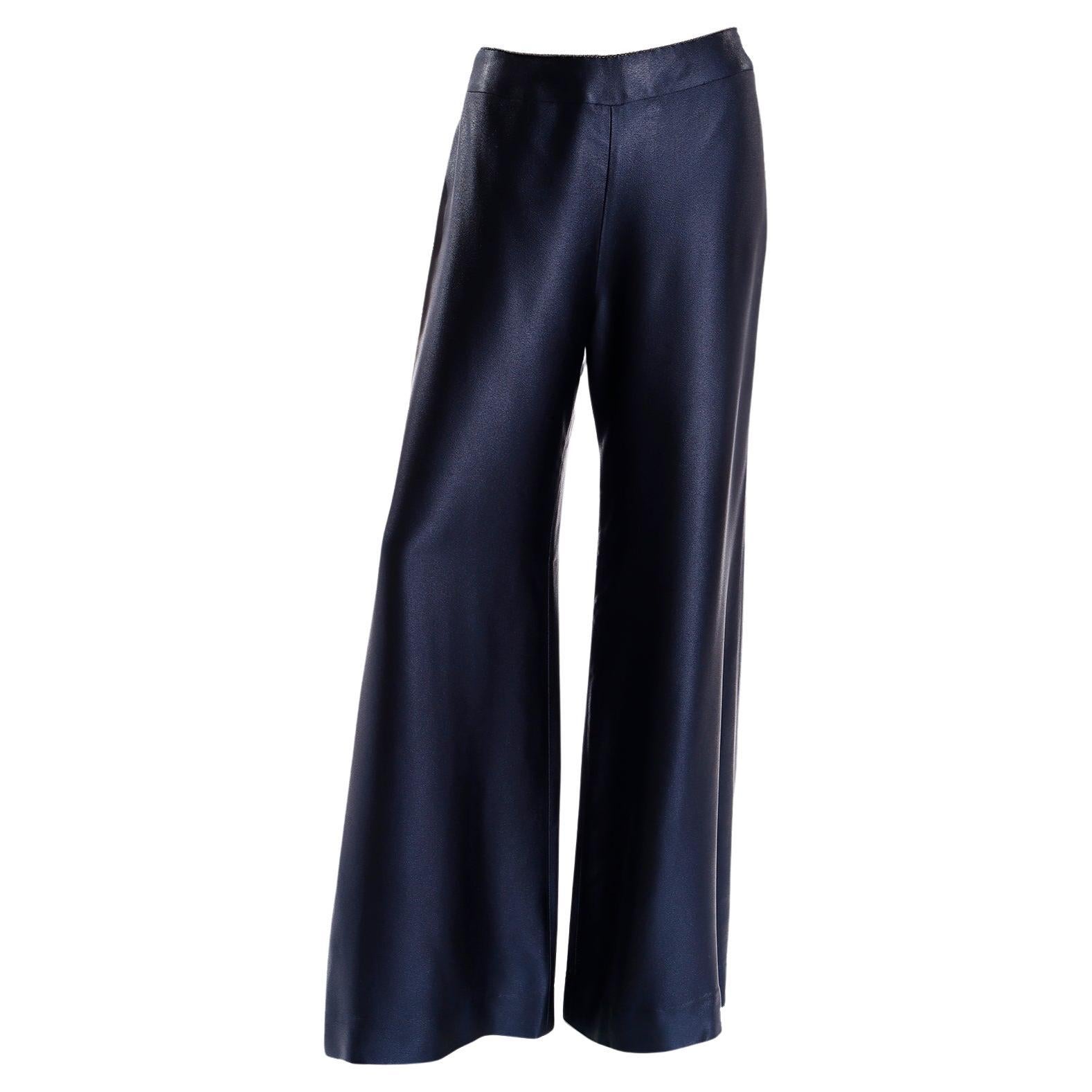 Chanel Fall 2000 Midnight Blue Satin Trousers With Wide Legs & Chain Detail For Sale