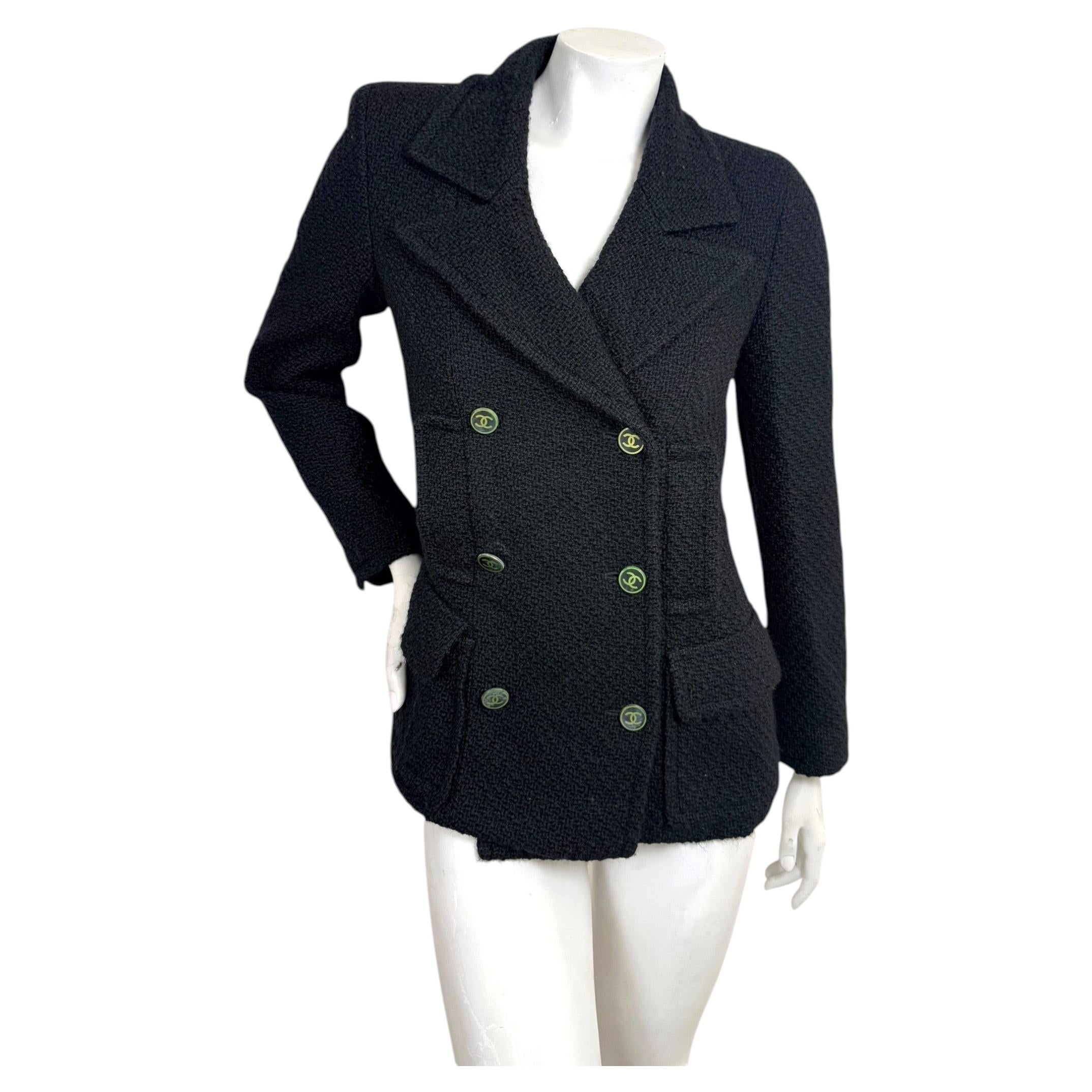 Chanel Fall 2001 01A Black Bouclé Double Breasted CC Button Jacket FR 36 For Sale