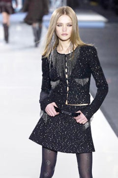 Chanel Spring 2002 Black Silver Sequin Tweed Flared Mini Skirt FR38