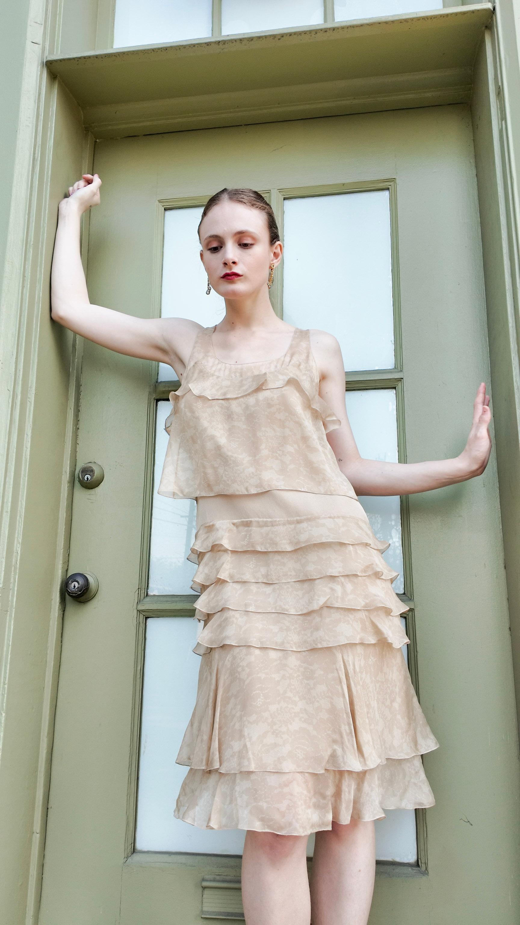 Chanel Fall 2002 Tan Silk Dropped Waist Dress For Sale 9