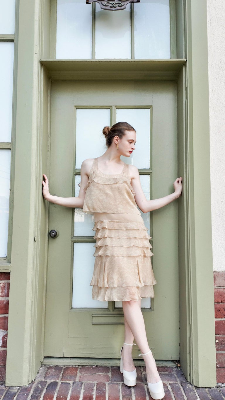 green emerald velvet dress Chanel Fall 2002 Tan Silk Dropped Waist Dress – The Kit Vintage