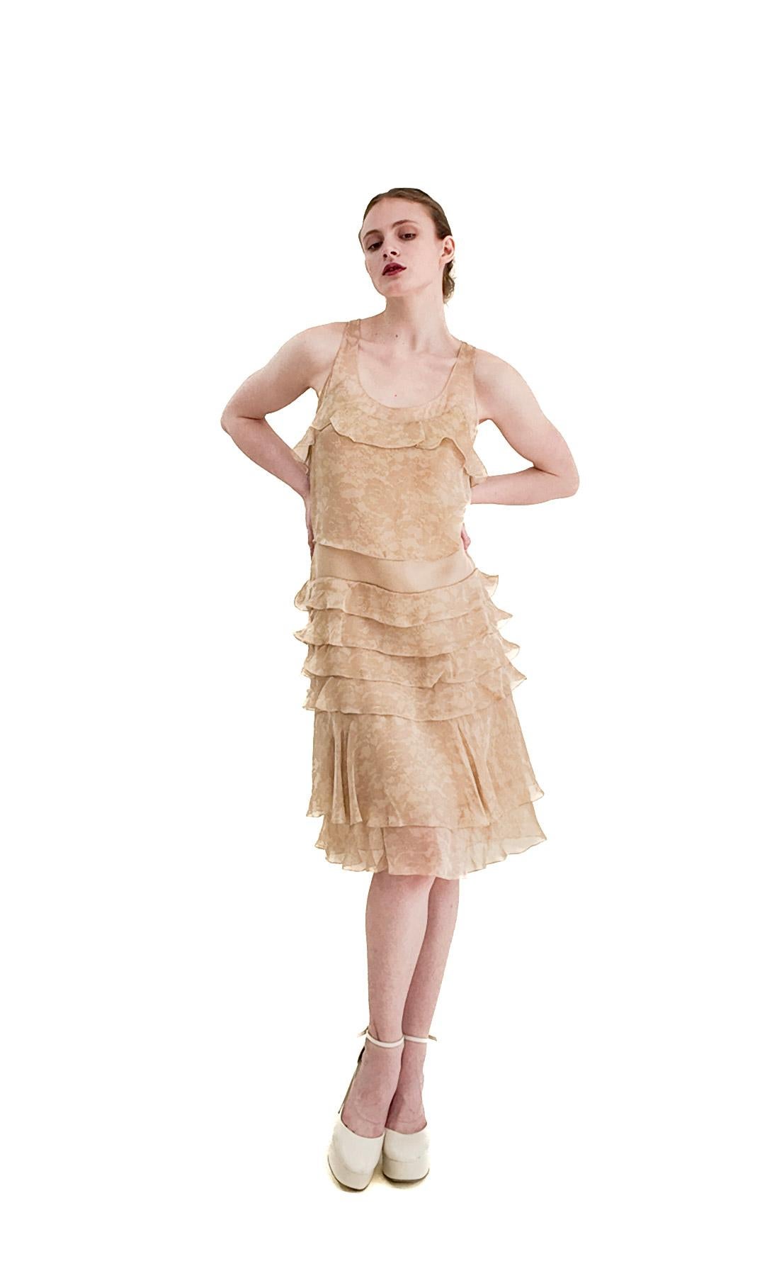 Beige Chanel Fall 2002 Tan Silk Dropped Waist Dress For Sale