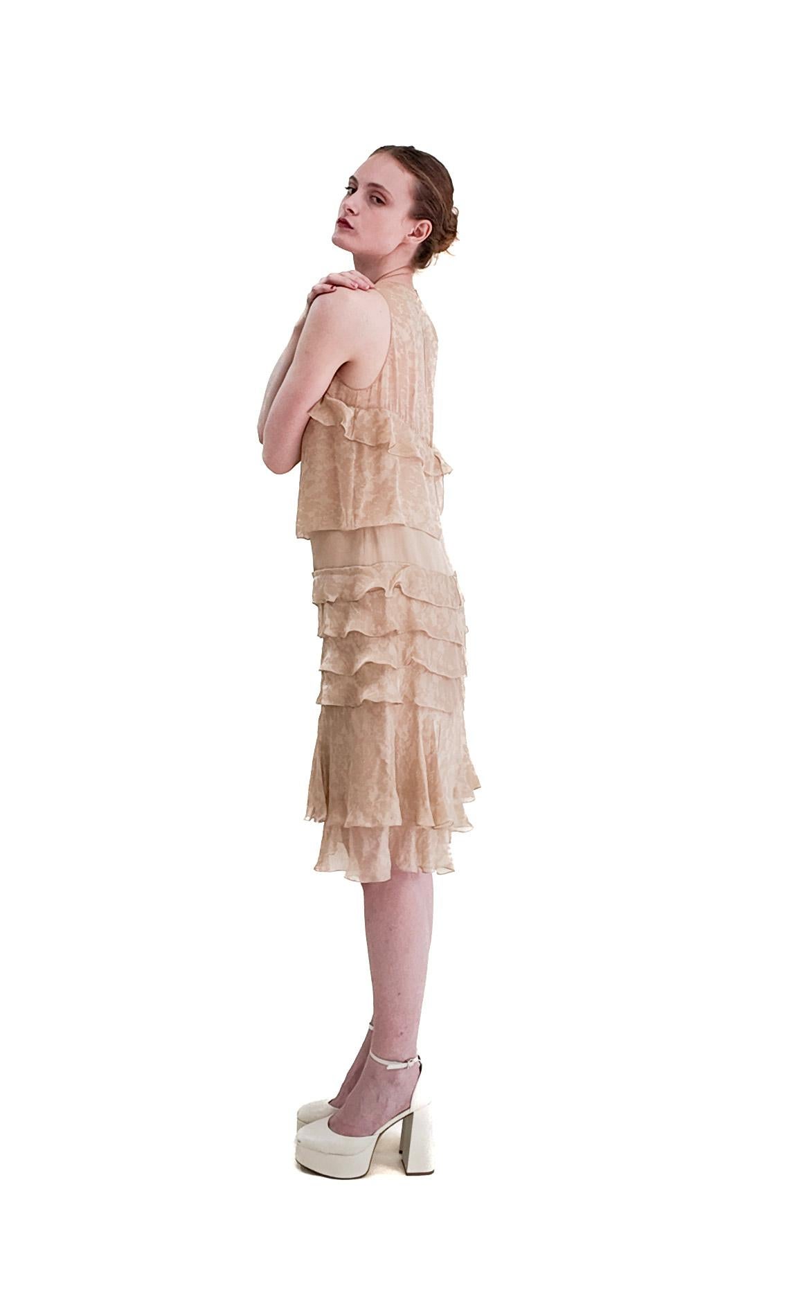 Chanel Fall 2002 Tan Silk Dropped Waist Dress In Good Condition For Sale In Los Angeles, CA