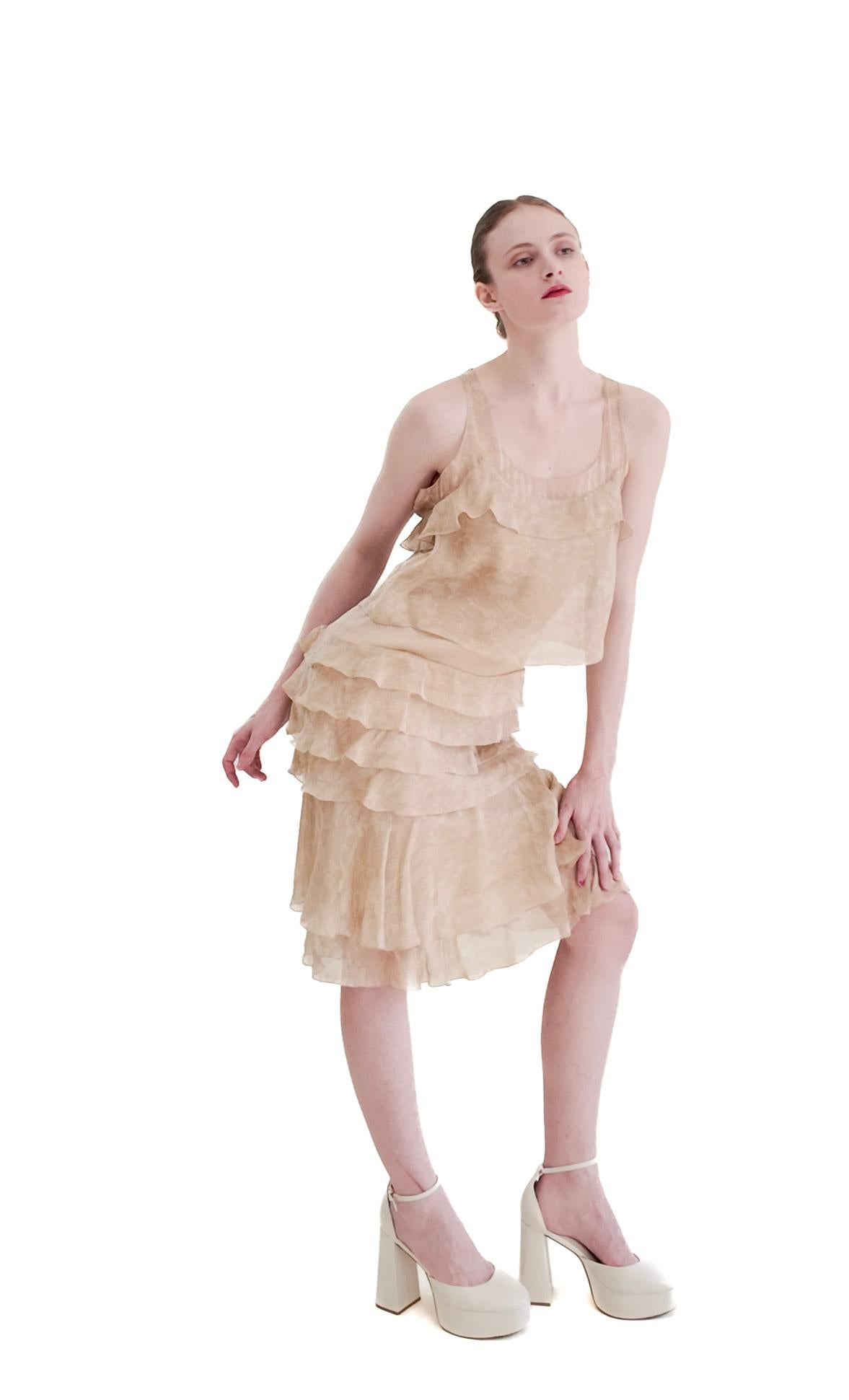 Chanel Fall 2002 Tan Silk Dropped Waist Dress For Sale 1