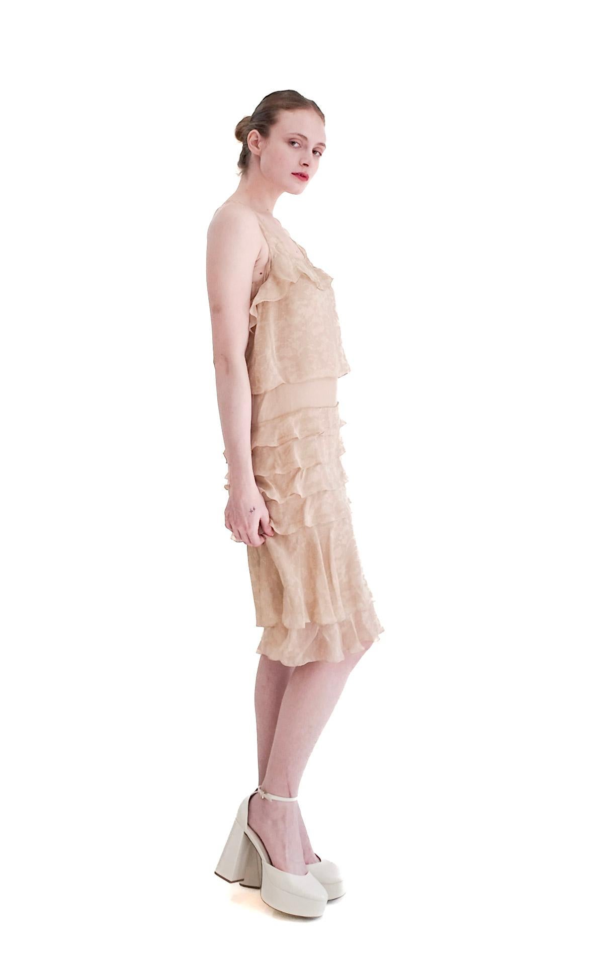 Chanel Fall 2002 Tan Silk Dropped Waist Dress For Sale 2