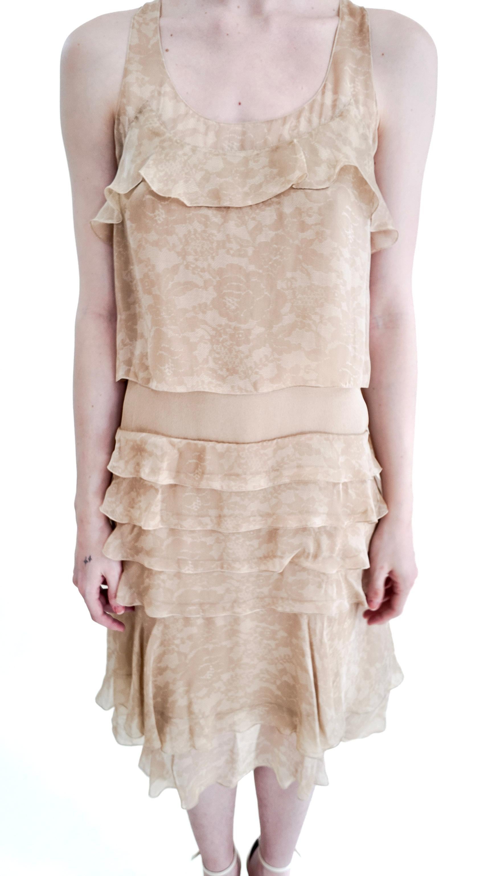Chanel Fall 2002 Tan Silk Dropped Waist Dress For Sale 4