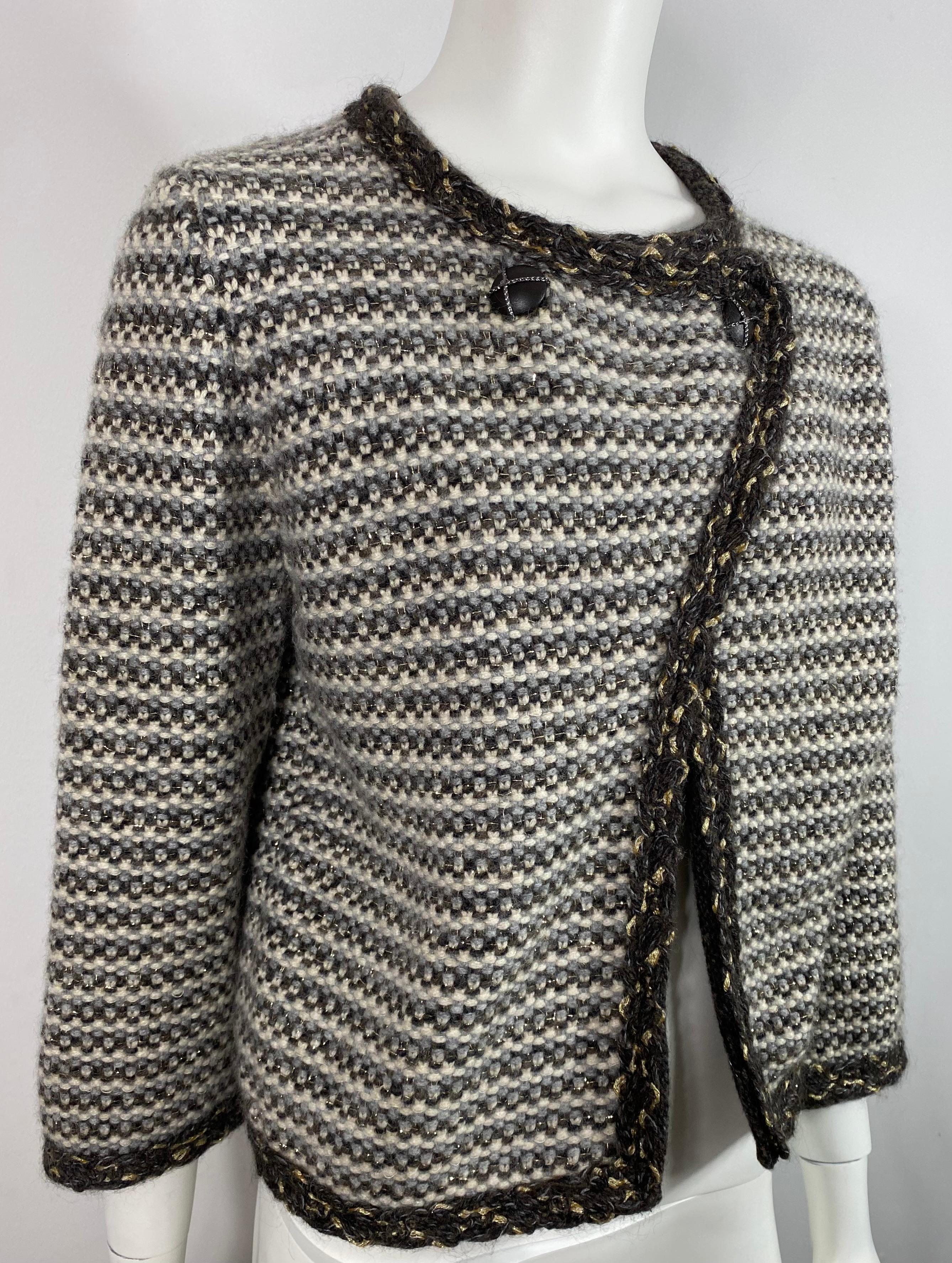 Gray Chanel Fall 2007 Earthtone Cashmere Knit Sweater Jacket - Size 42 For Sale