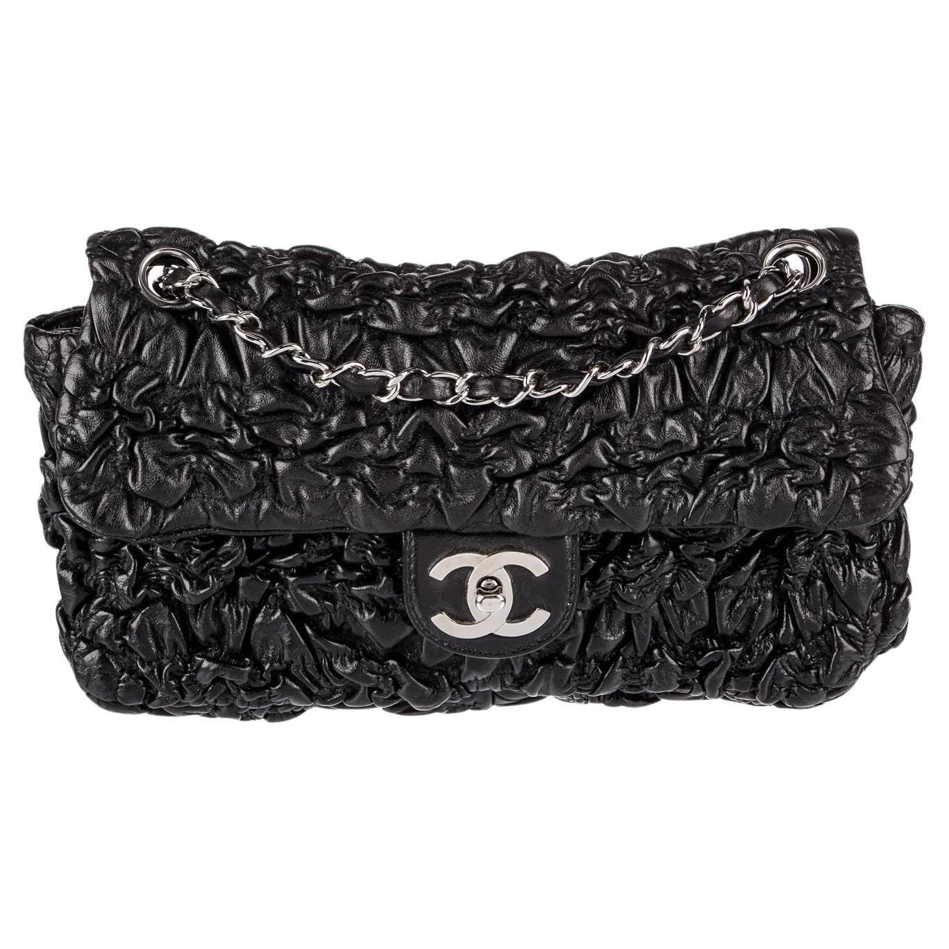 Chanel Fall 2007 Ruched Wrinkled Black Leather Medium Classic Flap Bag  For Sale