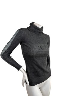 Chanel Fall 2008 Grey CC Logo Turtleneck Sweater with Lace Sleeve Inserts