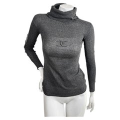 Chanel Fall 2008 Grey CC Logo Turtleneck Sweater with Lace Sleeve Inserts