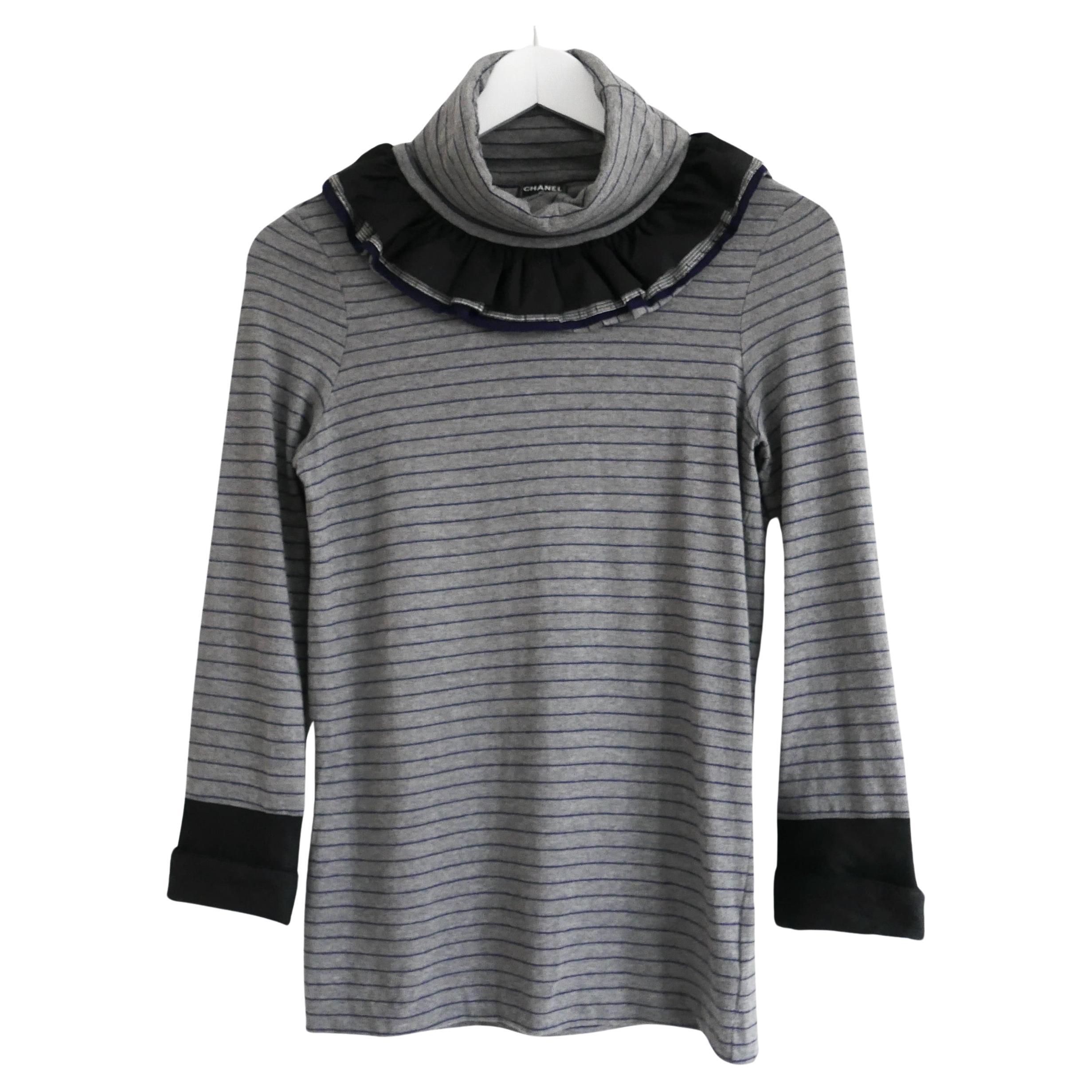 Chanel Fall 2008 Ruffle Frilled Neck Striped Jersey Top For Sale
