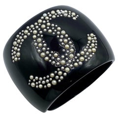 Chanel Fall 2009 Black Resin & Pearl Logo Cuff Bracelet