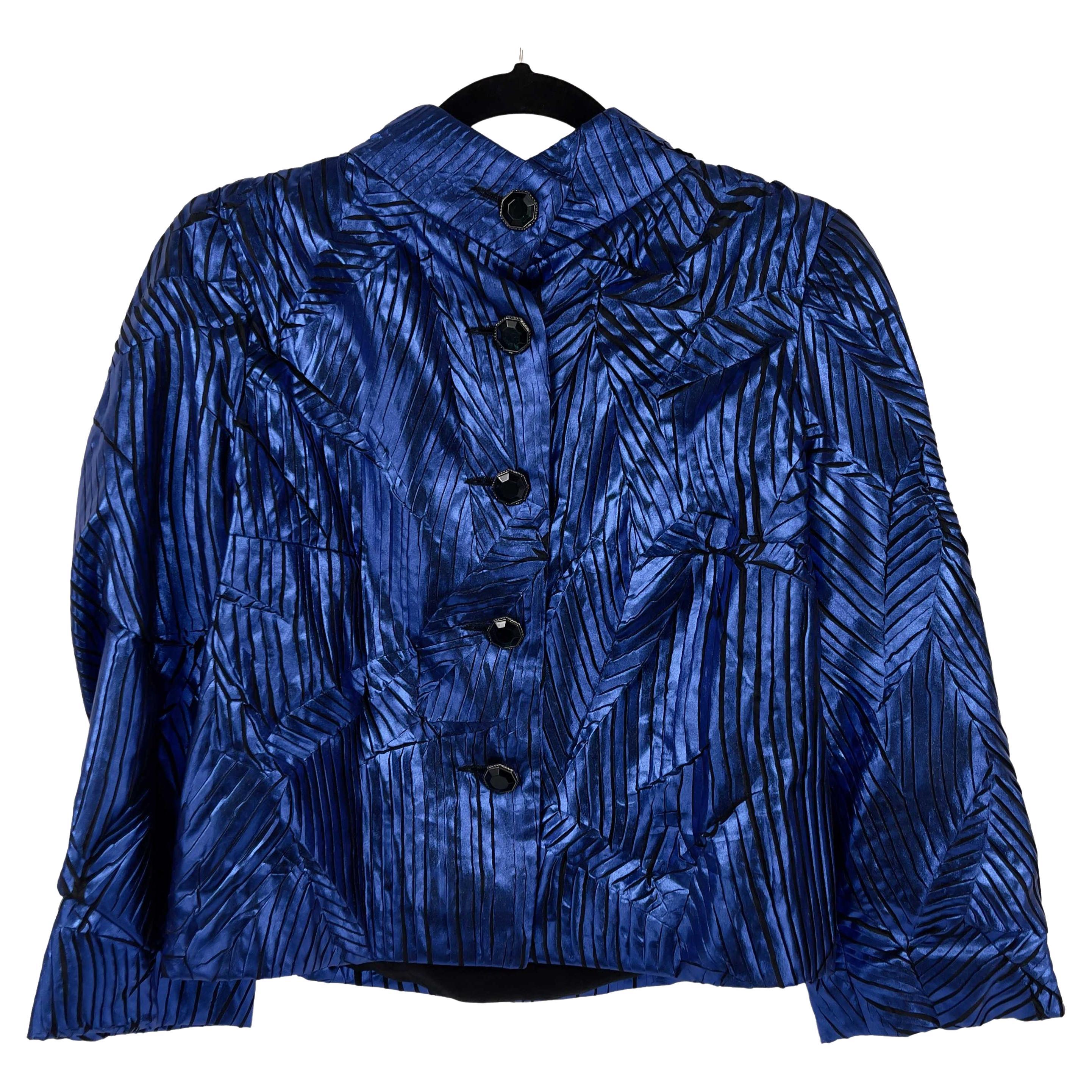 CHANEL - Blazer de défilé 12A en soie bleue géométrique, taille 38 US 8, automne 2012