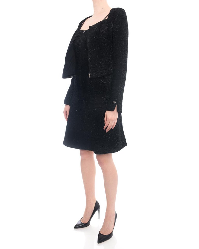 Chanel Fall 2016 Runway Black Shimmer Tinsel Dress and Jacket Suit 6 at 1stDibs