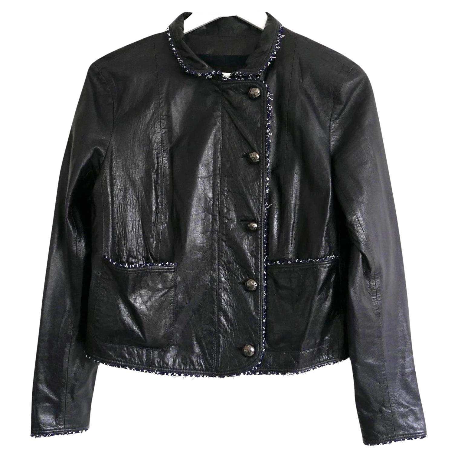 Chanel automne 2016 - Veste fourreau en cuir avec bordures en tweed