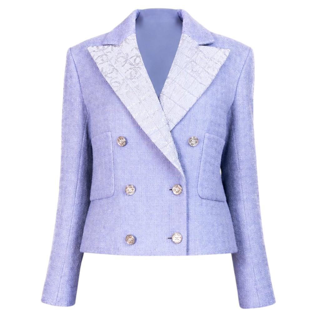 CHANEL Fall 2021 Lavender Tweed Jacket With CC Logo 38 FR